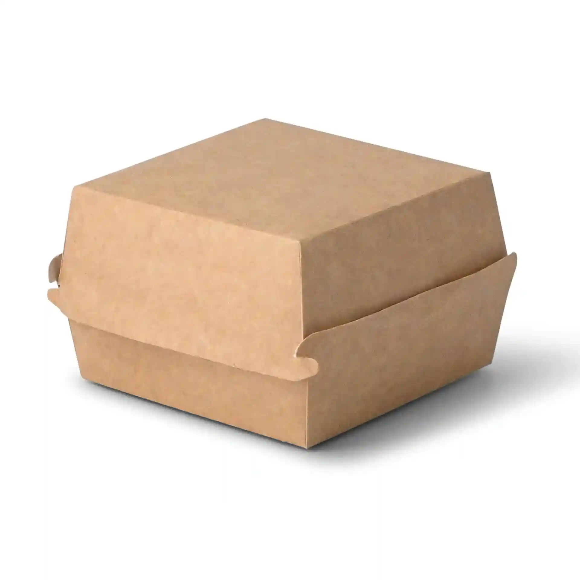 Bruine rechthoekige takeaway burgerdoos van karton, 11 x 11 x 8 cm groot.