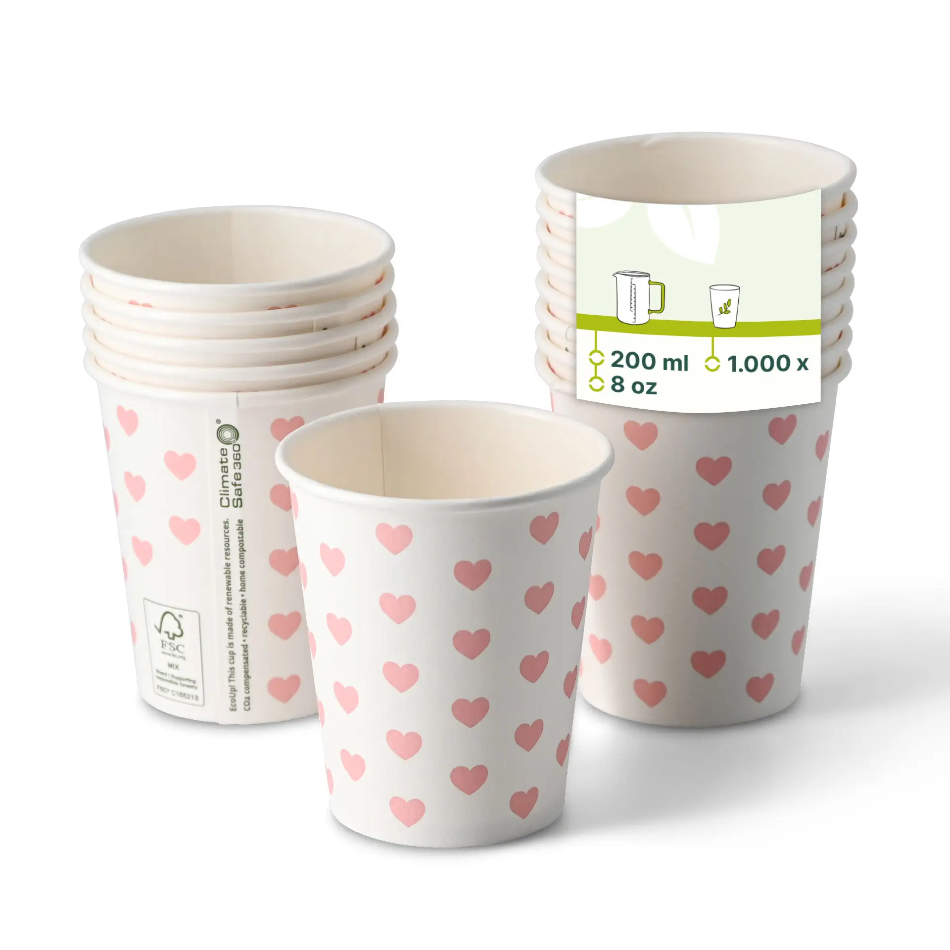 Papieren beker bedrukt "Hearts" 200 ml / 8 oz, Ø 80 mm, wit