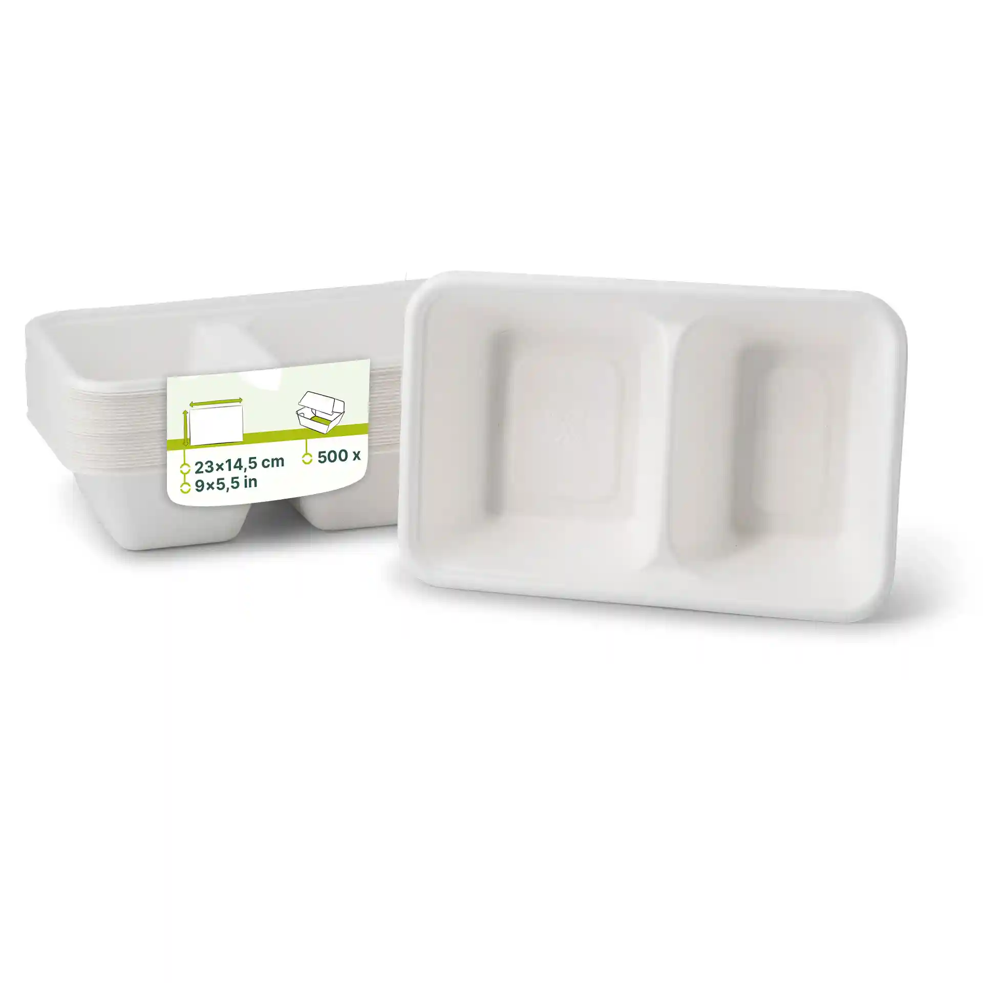 Wit rechthoekig dienblad met twee compartimenten, 23 x 14,5 cm, gemaakt van suikerrietmateriaal.