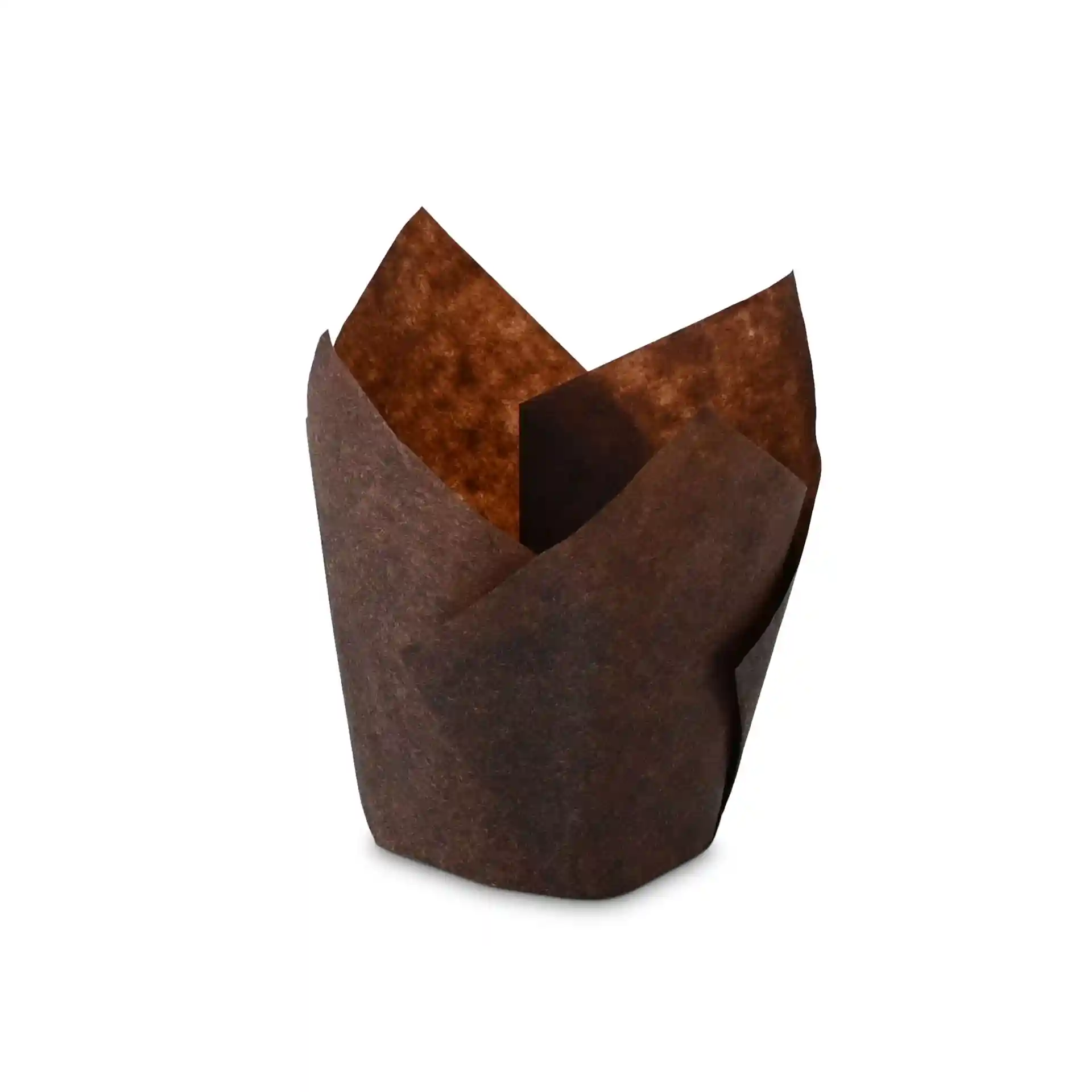 Bruine papieren muffinbekers met een hoogte van 80 mm en een diameter van 50 mm aan de onderkant.