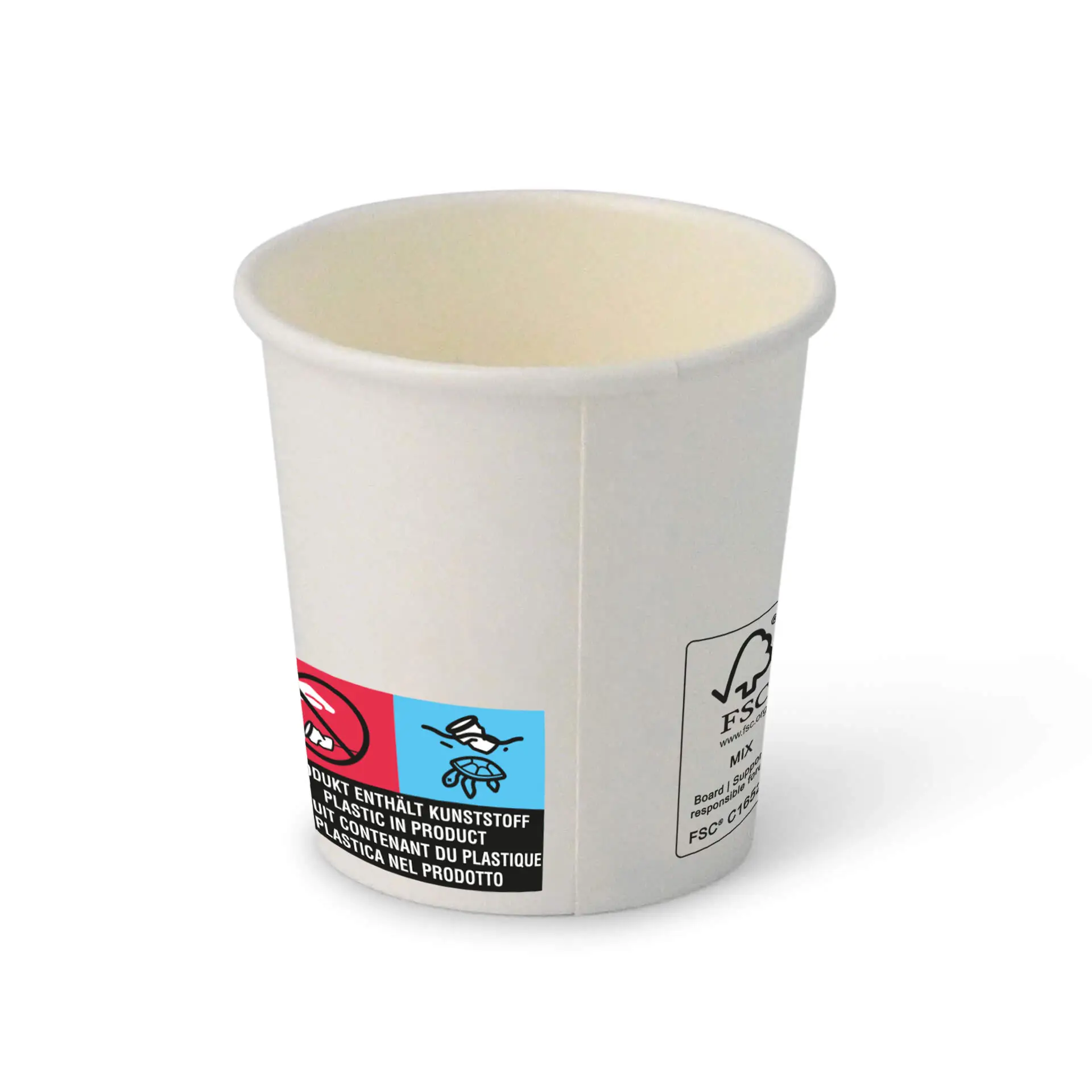 Witte kartonnen beker met een ronde vorm, met een label met symbolen en markeringen aan de zijkant.