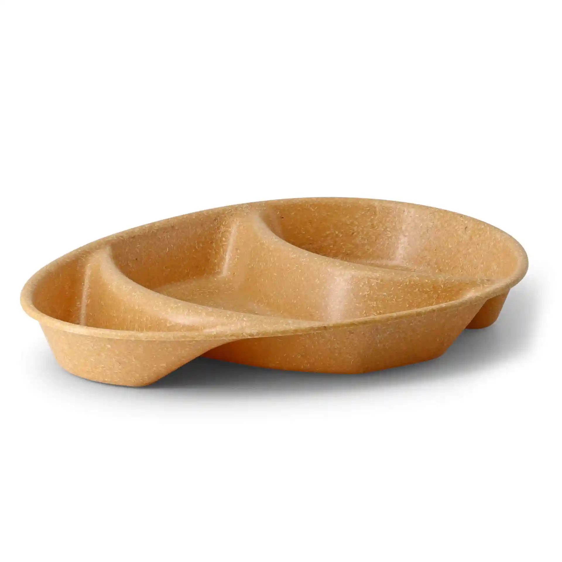 Bruine herbruikbare menuschotel met drie compartimenten, druppelvorm, 27,5 x 20 x 3,5 cm groot.