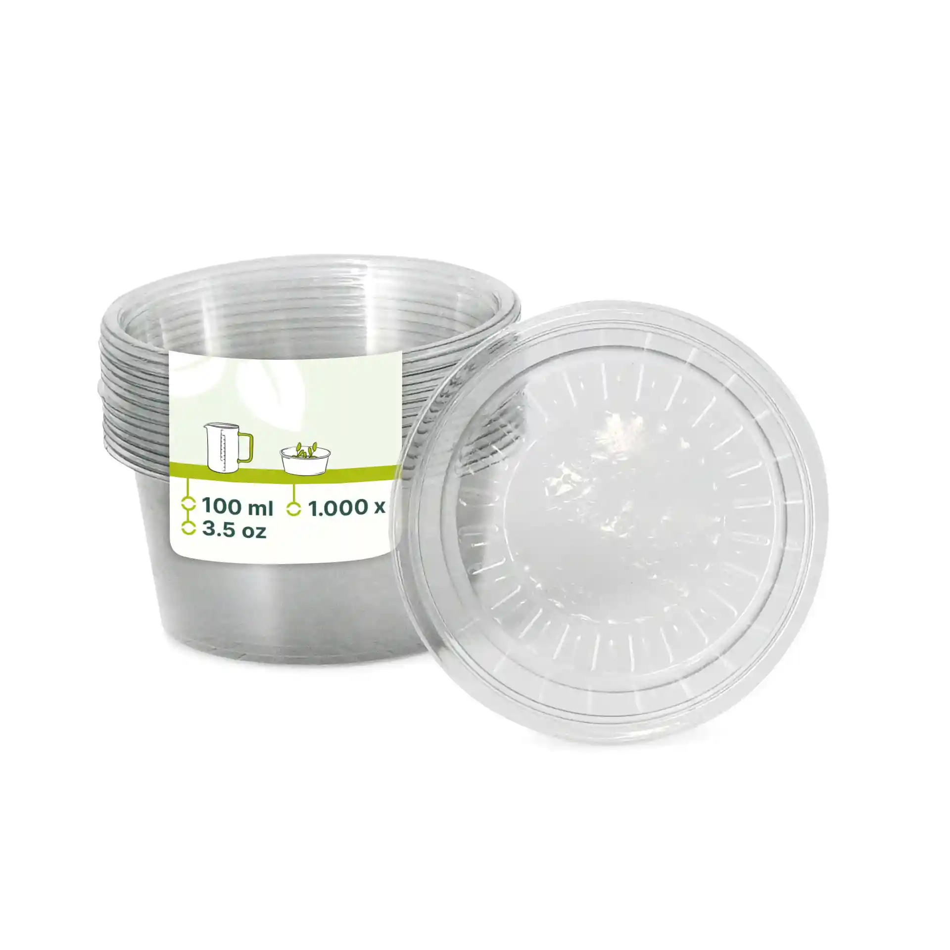 Heldere rPET-sauspotten, 100 ml capaciteit, met een label met afmetingen en gebruiksinstructies.