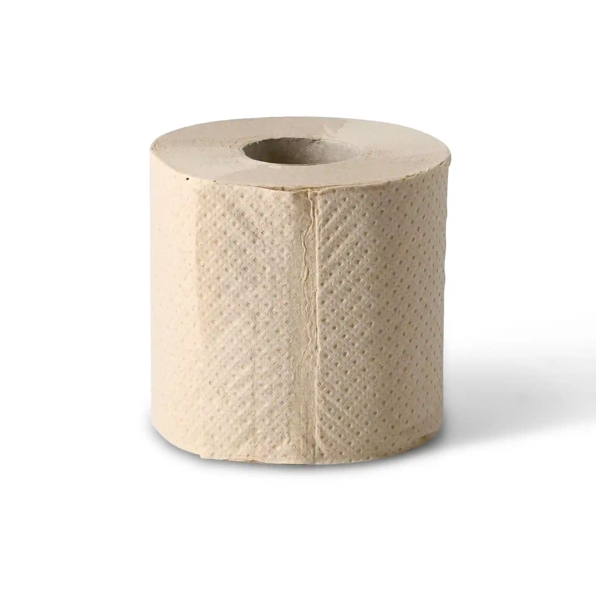 Bruine 2-laags toiletpapierrol van gerecycled papier, met een centrale kartonnen kern en een gestructureerd oppervlak.