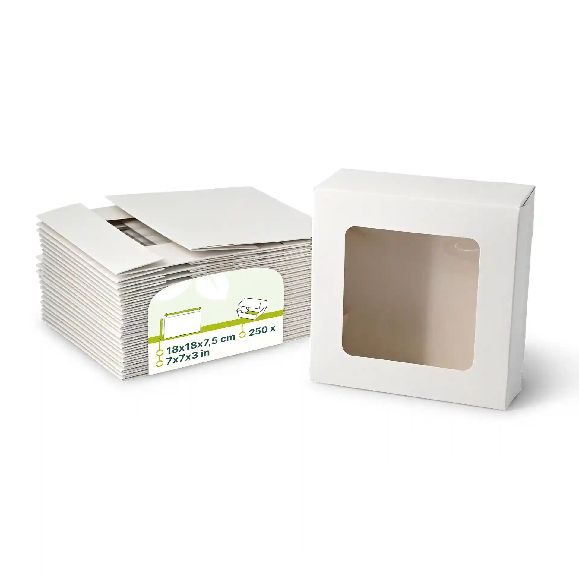 Stapel witte kartonnen gebakdozen met een vierkante vorm en een cellulosevenster, naast een enkele doos.