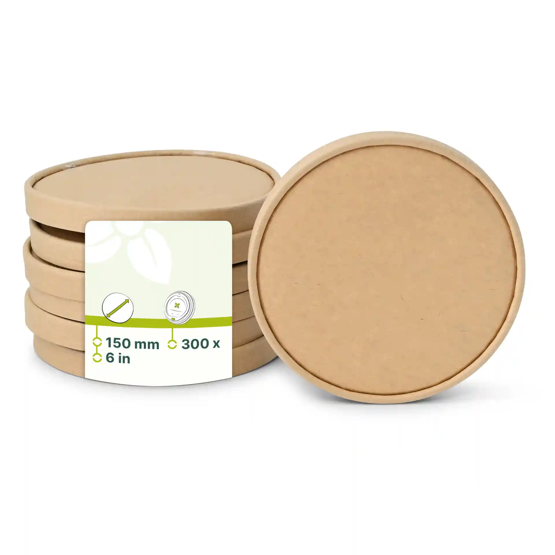 Ronde kartonnen deksels in bruin, met een diameter van 150 mm, gestapeld met een label met afmetingen.