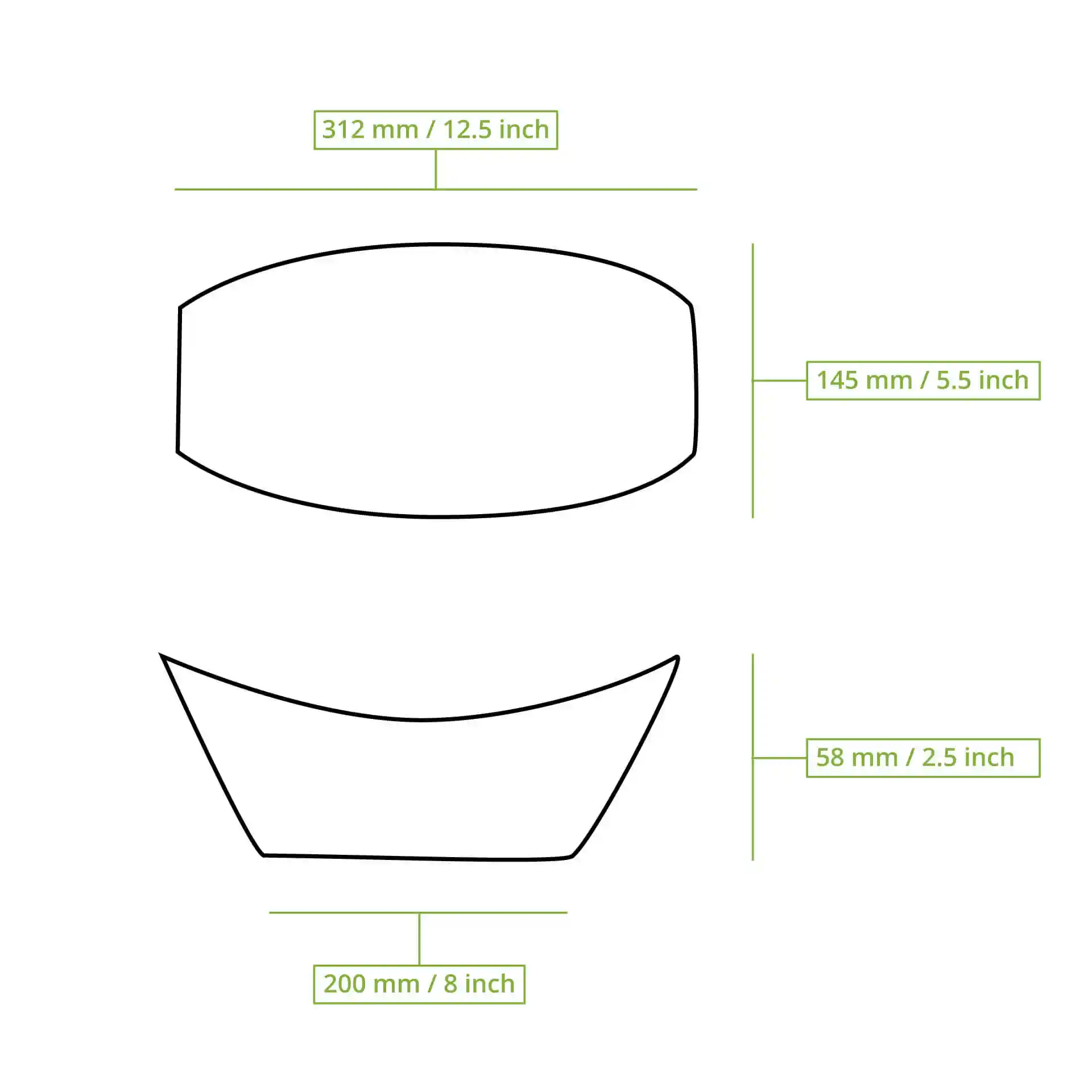 Schematische tekening van een palmbladboot met afmetingen: 312 mm lengte, 145 mm breedte, 58 mm hoogte en 200 mm bodemlengte.