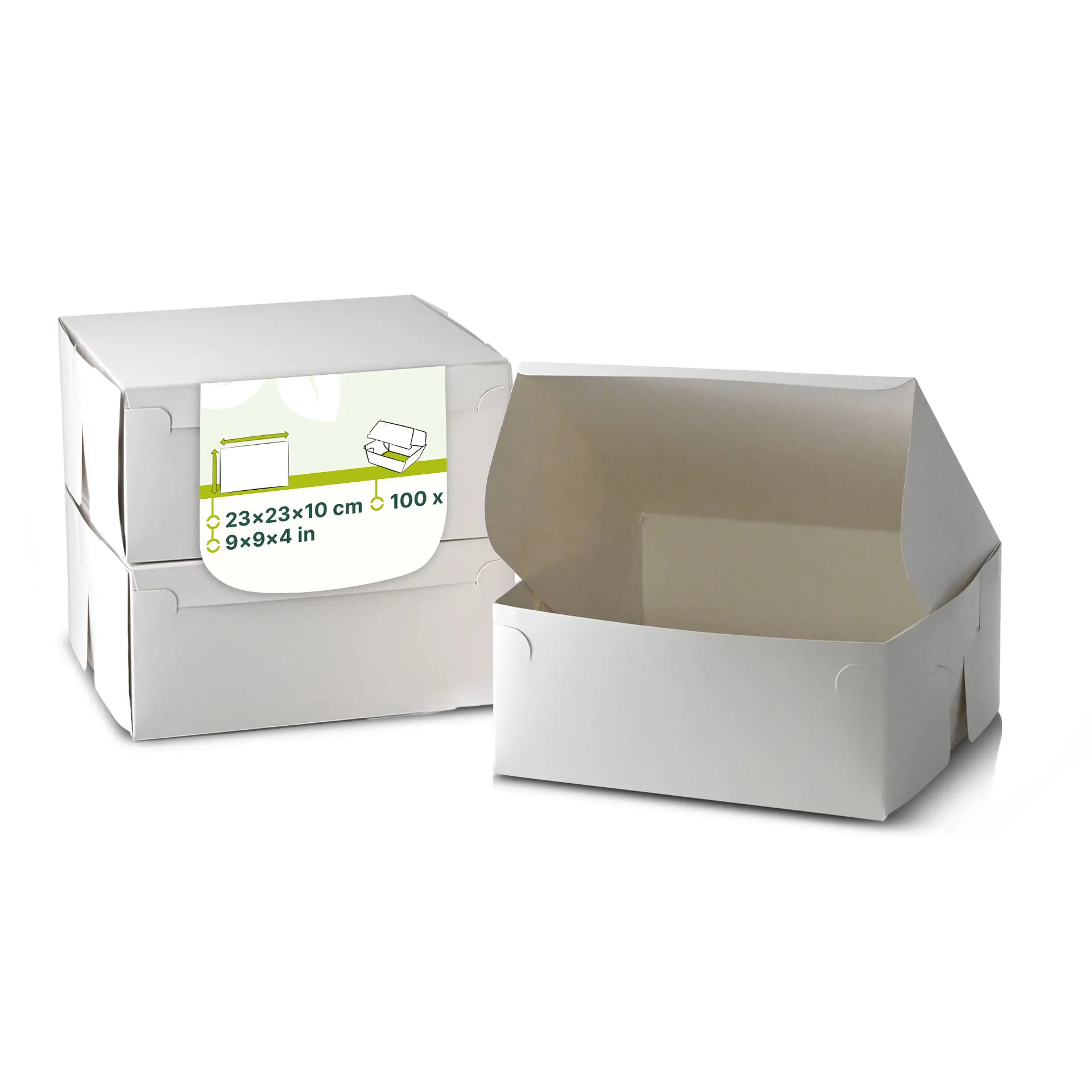 Witte kartonnen taartdoos met een vouwdeksel, afmetingen 23 x 23 x 10 cm, gedeeltelijk open met een andere doos erachter.
