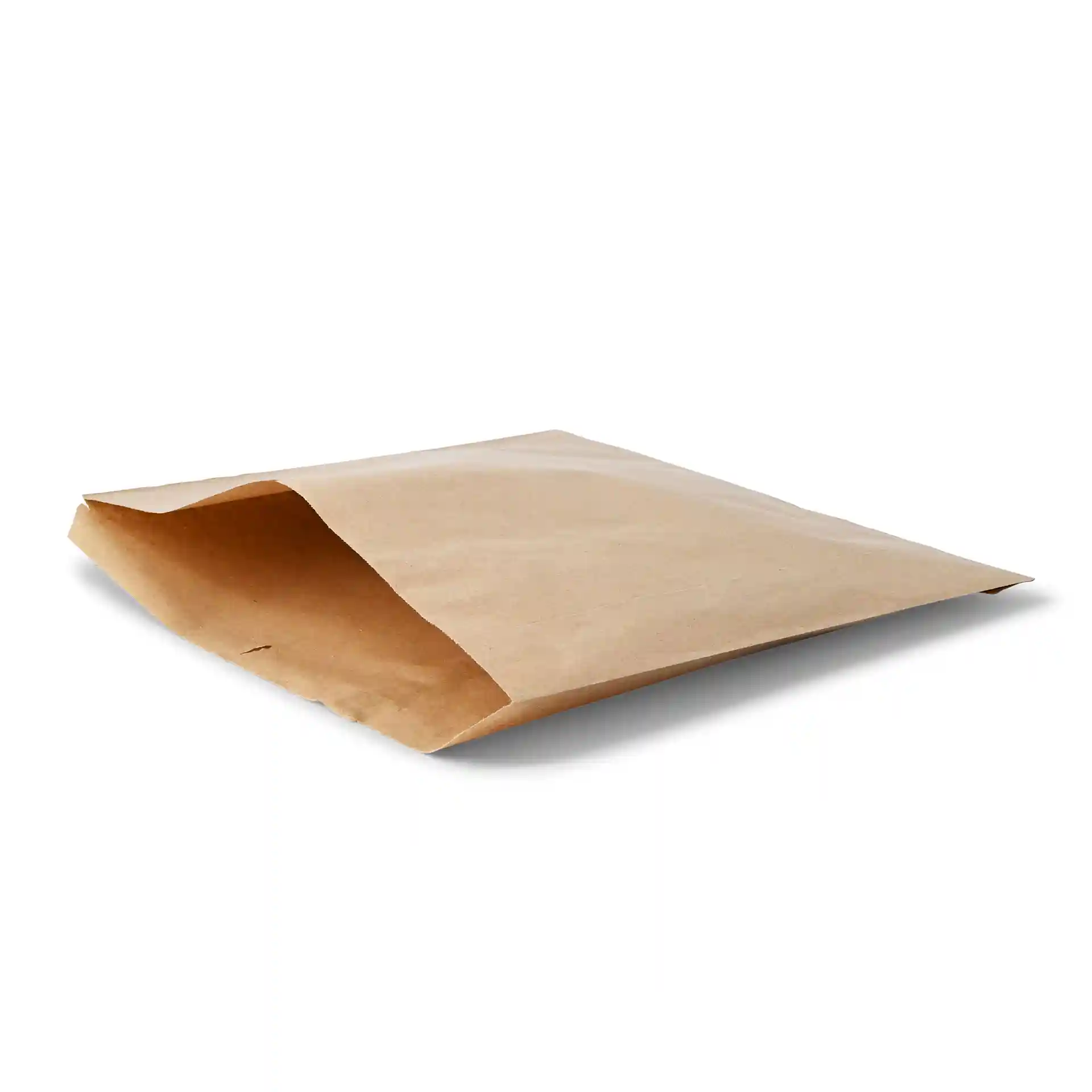 Bruine kraftpapier platte tas van 30 x 29 cm, getoond met een open flap aan één kant.