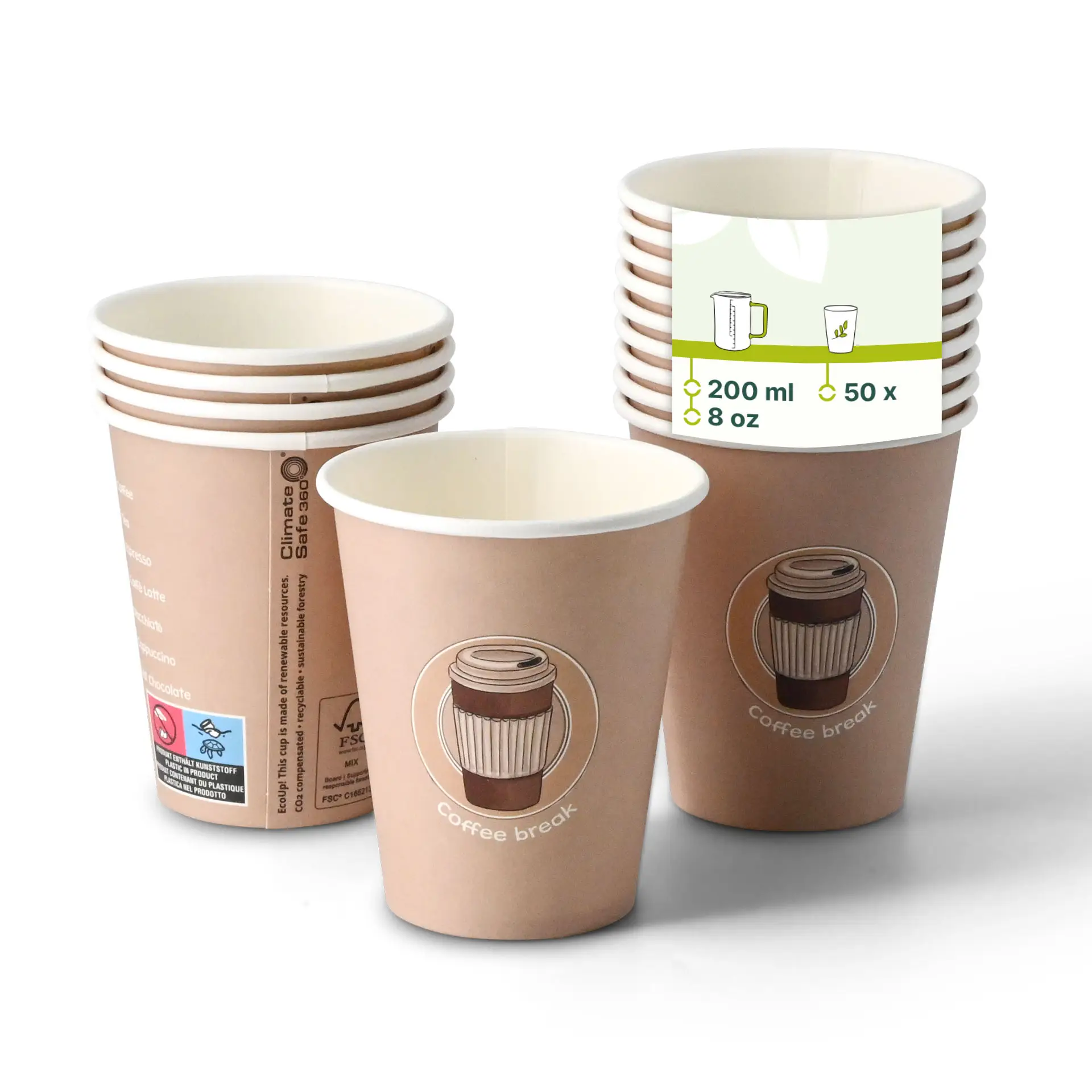 Bedrukte papieren bekers "Coffeebreak" (gecoat) 200 ml / 8 oz, Ø 80 mm, wit con10033-01-1-pappbecher-bedruckt-coffeebreak-beschichtet-200-ml-8-oz-80-mm-weiss