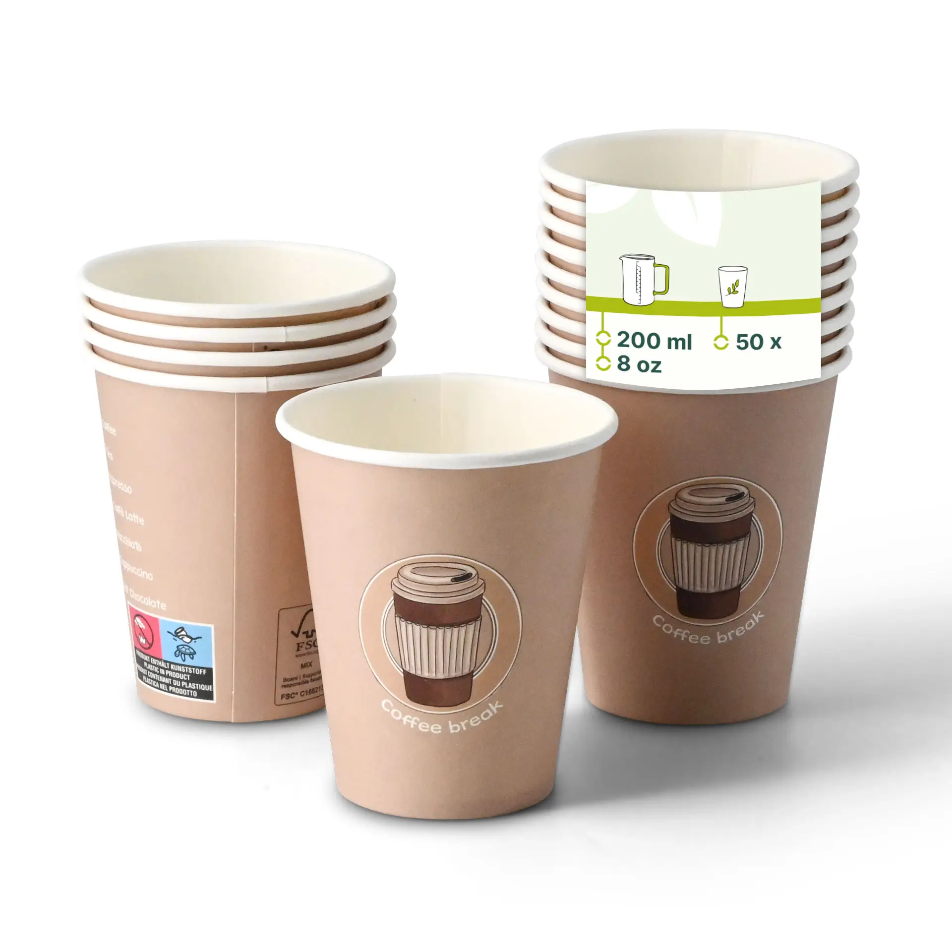 Een 8 oz papieren beker met 'Coffeebreak'-afdruk; verschillende vergelijkbare bekers gedeeltelijk zichtbaar erachter.