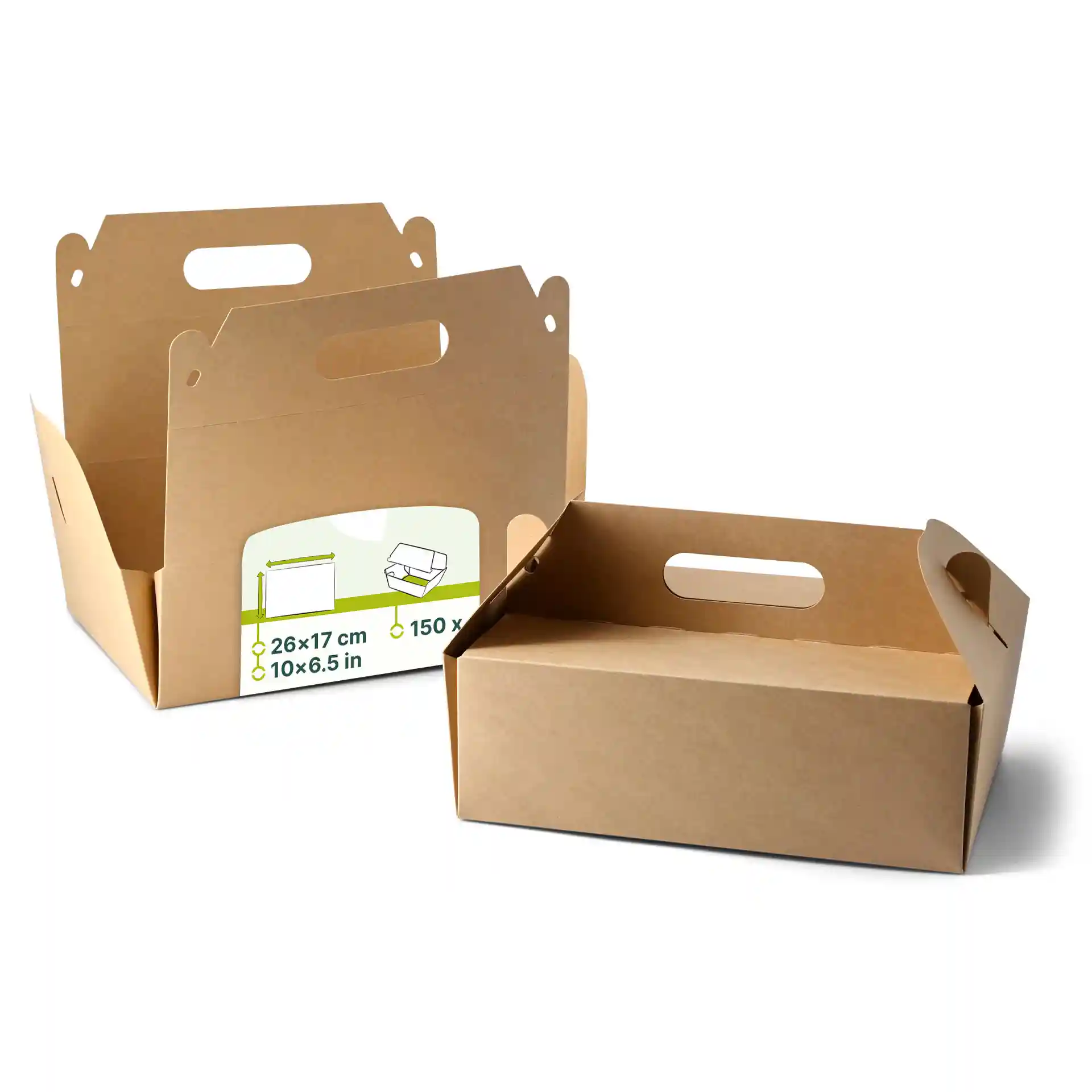 Bruine kartonnen taartdozen met handvatten, rechthoekig, opvouwbaar, afmetingen 26 x 17 x 9 cm.