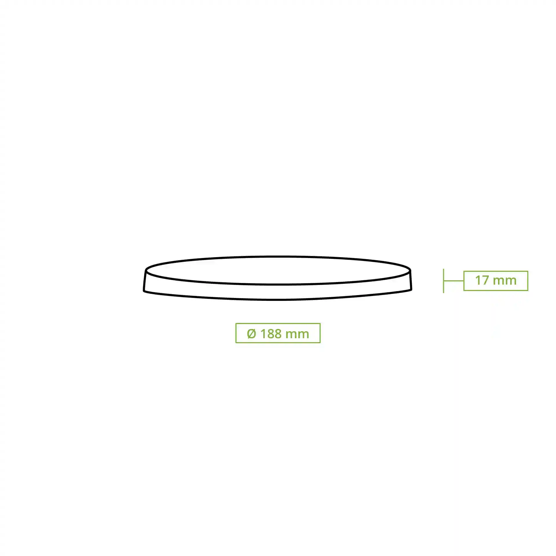 Schematische tekening van een ronde bekerdeksel met een diameter van 188 mm en een hoogte van 17 mm.