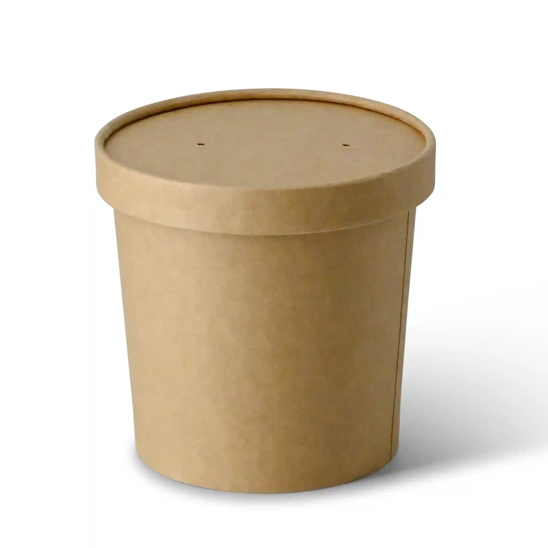 Bruine kartonnen soepbeker met ronde vorm en deksel, 600 ml capaciteit, 115 mm diameter.