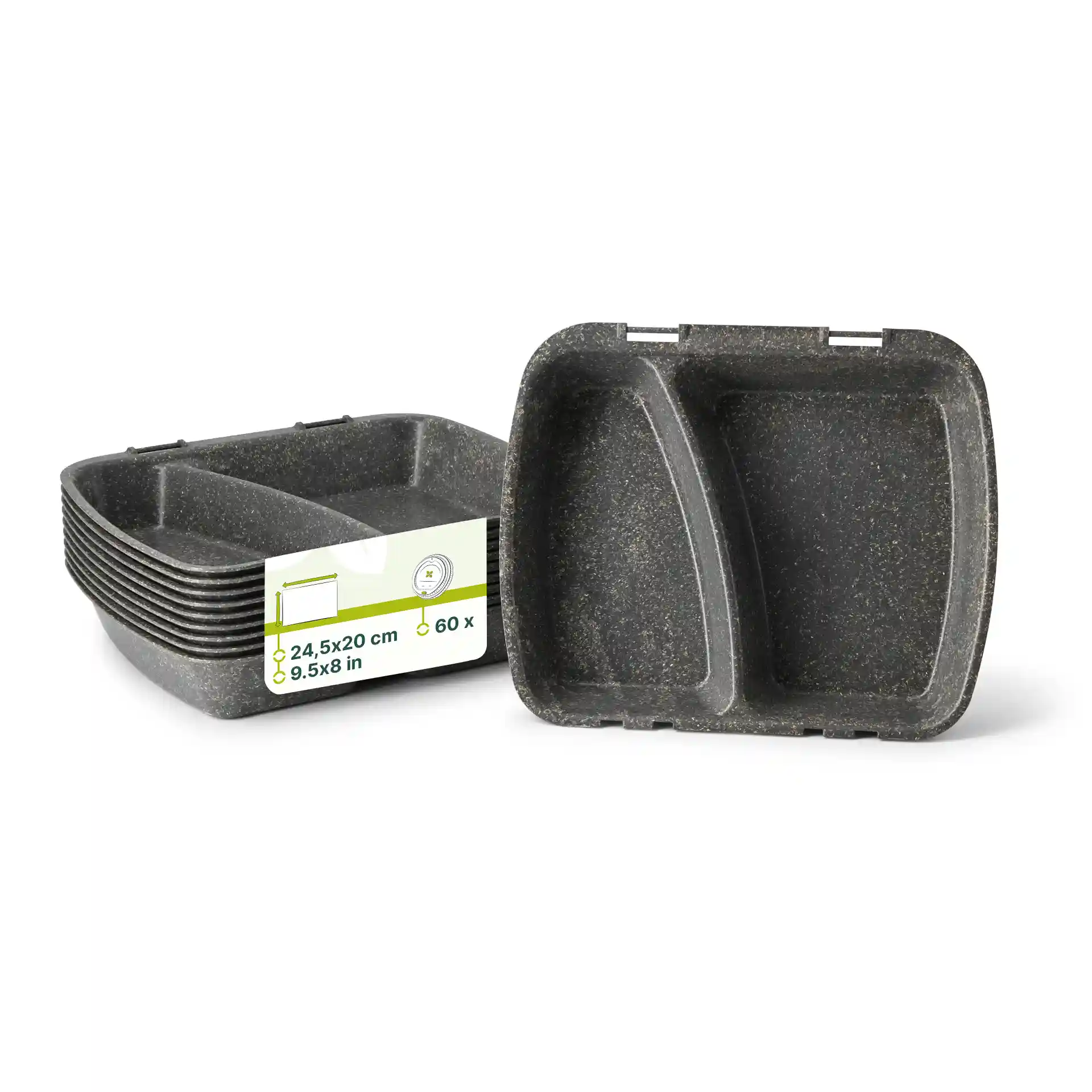 Herbruikbare maaltijdcontainer met twee compartimenten, grijze kleur, afmetingen 24,5 x 20 x 4,5 cm.