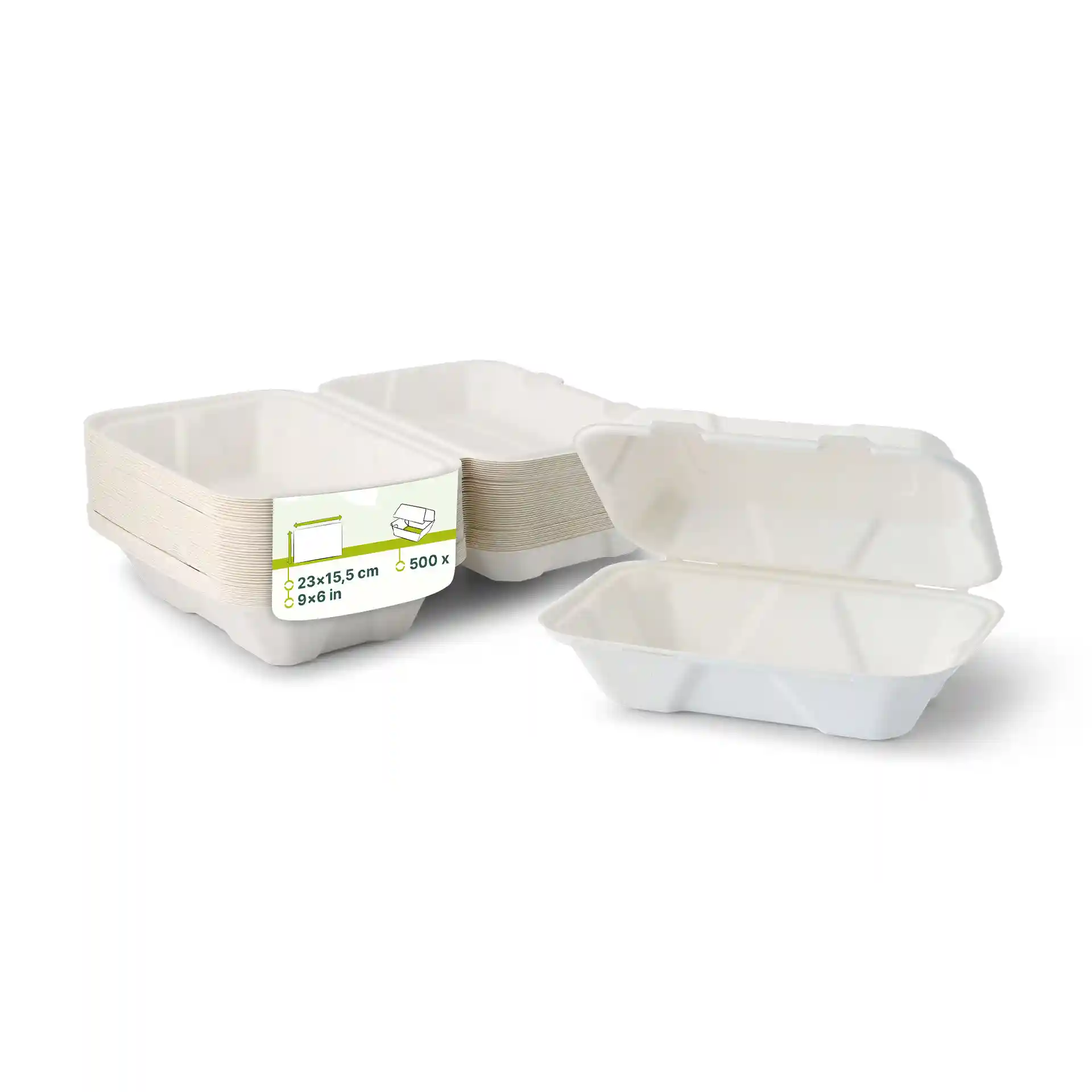Witte rechthoekige suikerrietcontainers met scharnierdeksels, 23 x 15,5 cm, gestapeld met één open.