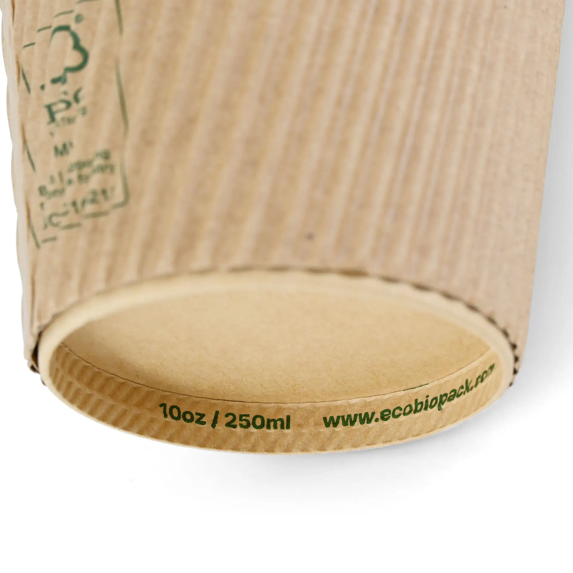 Bruine wegwerpdrie-laags beker met PLA-coating, gelabeld voor 10 oz / 250 ml en een milieuvriendelijke website.
