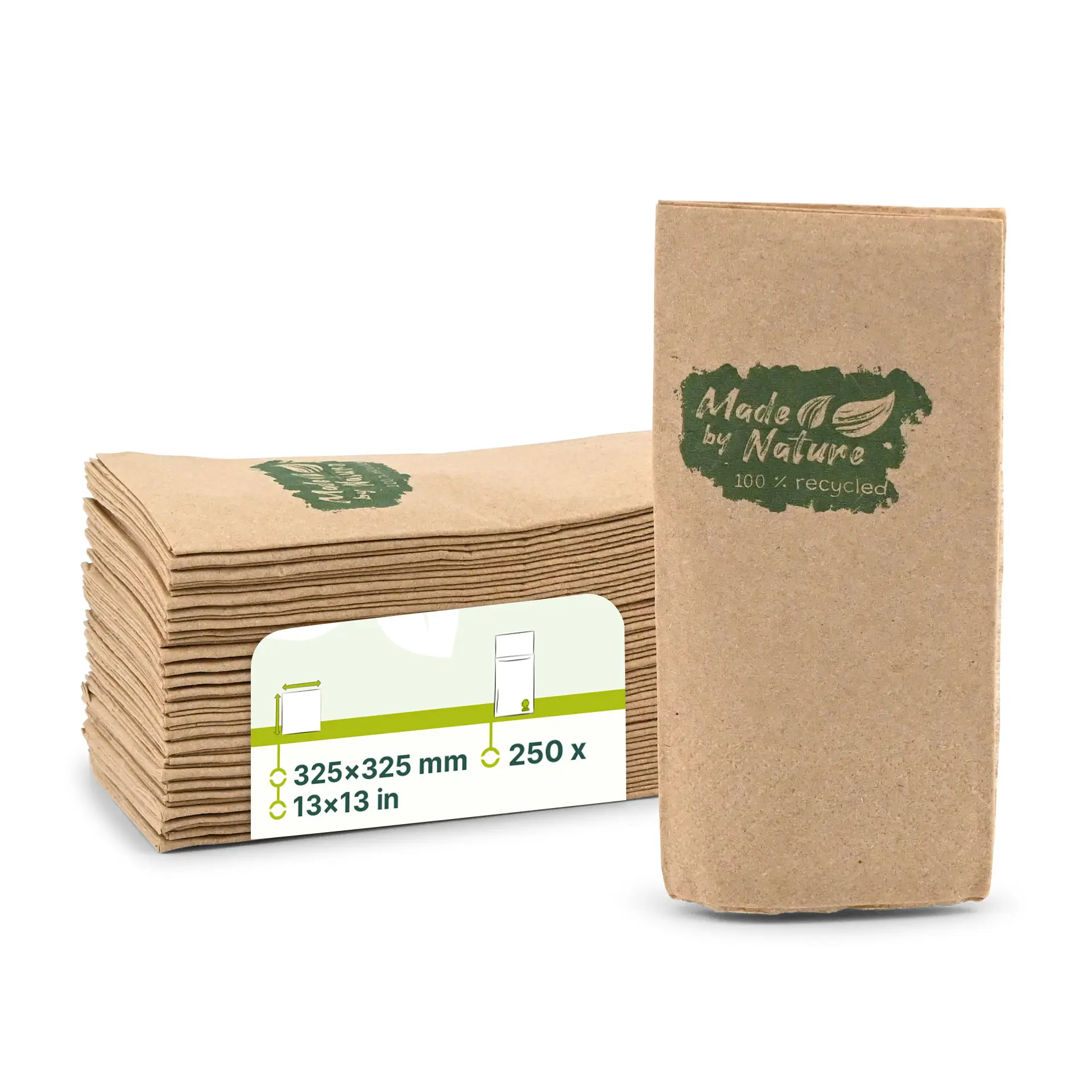 Servetten van gerecycled papier 32,5 x 32,5 cm, 2-laags, 1/8 vouw, ongebleekt, "Made by Nature" Servetten van gerecycled papier 32,5 x 32,5 cm, 2-laags, 1/8 vouw, ongebleekt, "Made by Nature"