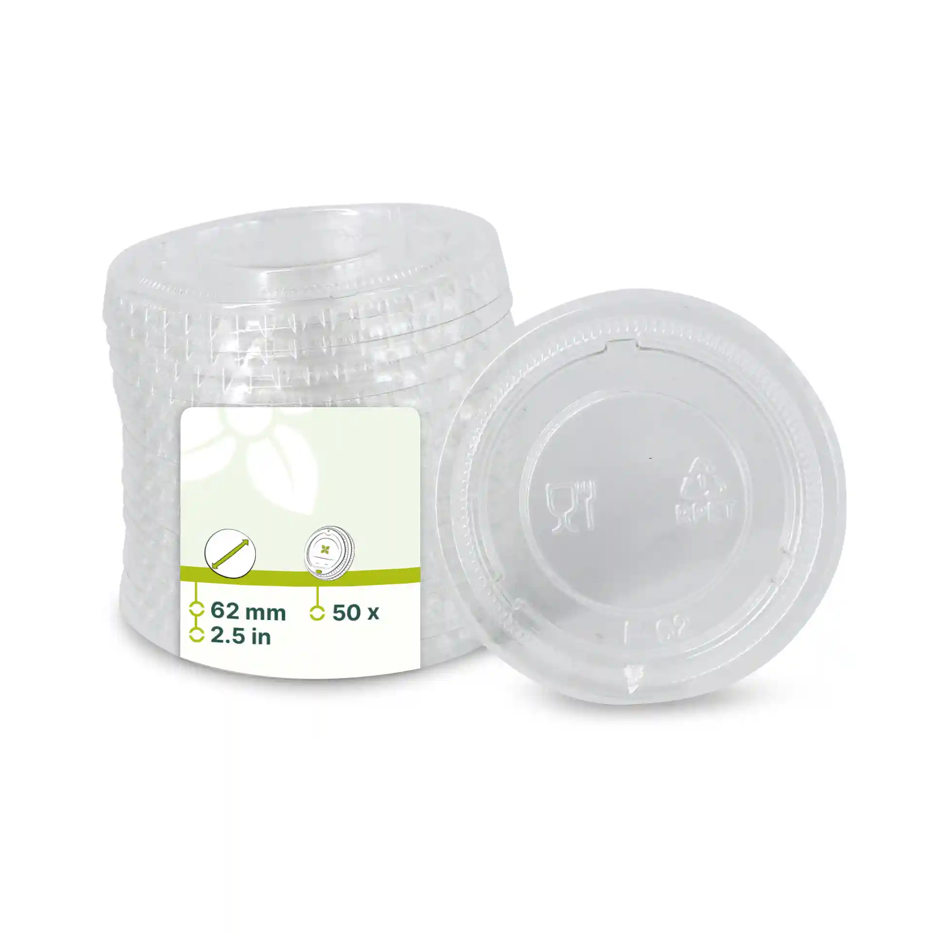 Transparante rPET-deksels met een diameter van 62 mm, gestapeld met een label met productdetails.
