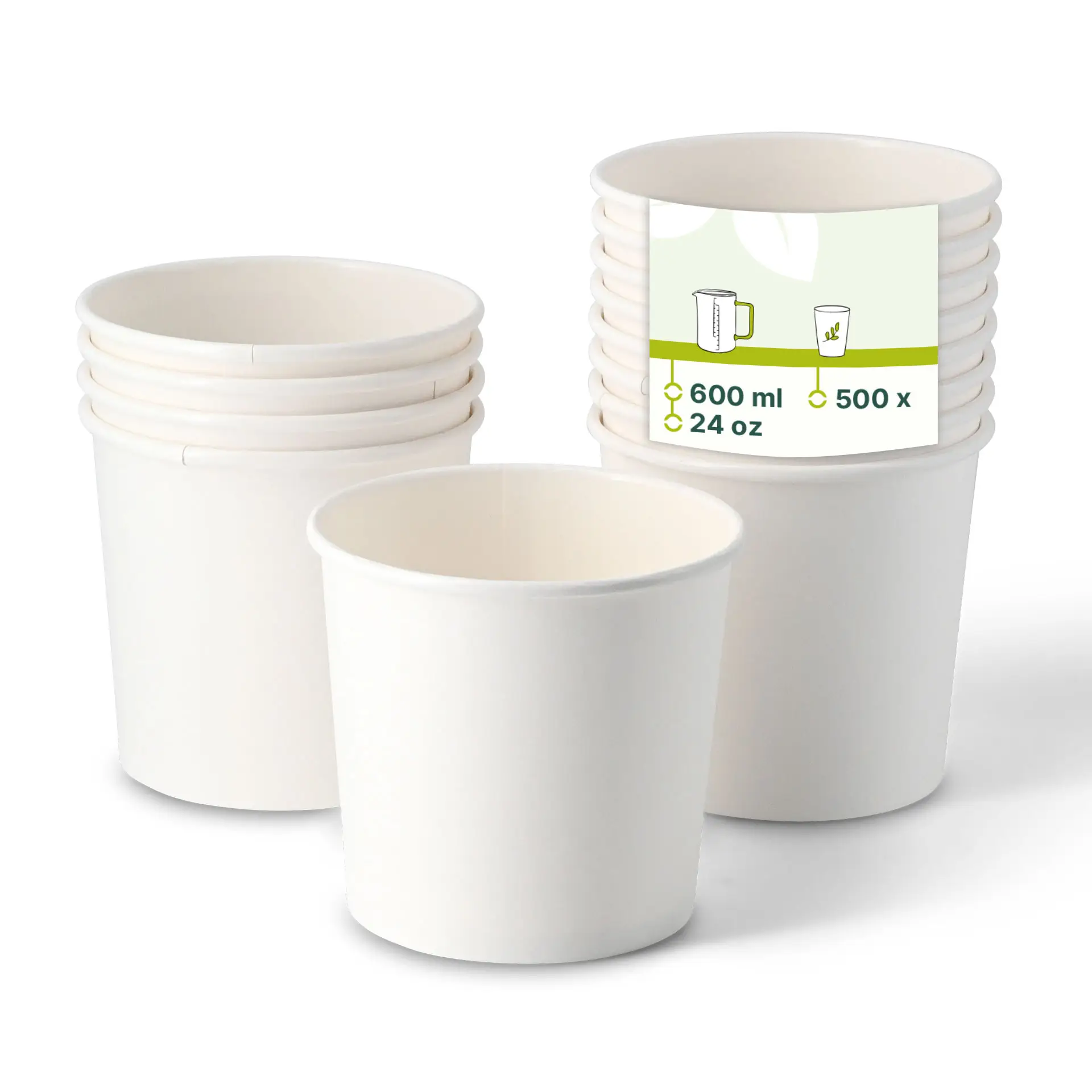 Een stapel witte biologisch afbreekbare kartonnen soepbekers met een PLA-coating, elk met een inhoud van 600 ml, weergegeven met een label.