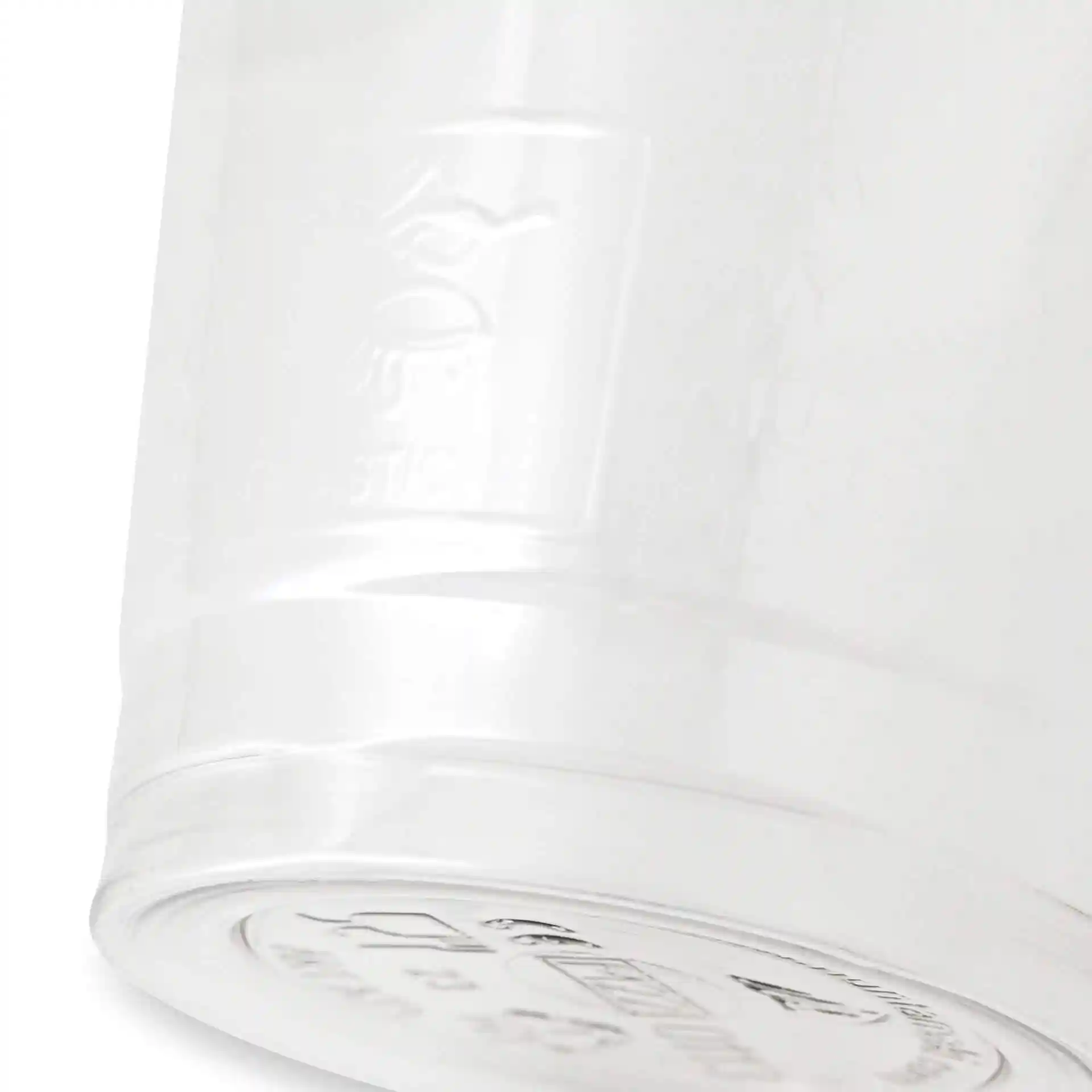 Transparante 12 oz rPET beker met een diameter van 95 mm en een hoogte van 107 mm, toont de onderkant en zijkant.