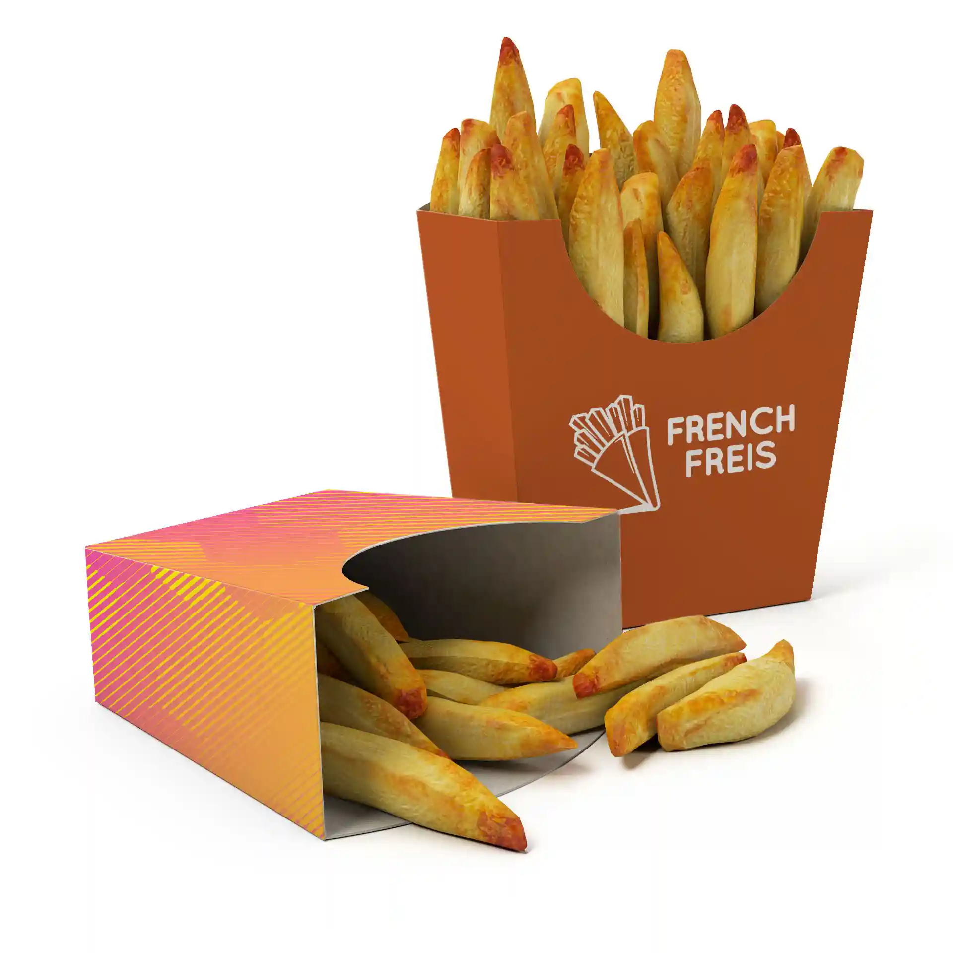 Container met frietjes, één rechtop en één gedeeltelijk open, met frietjes zichtbaar. Beide containers zijn rechthoekig en oranje.
