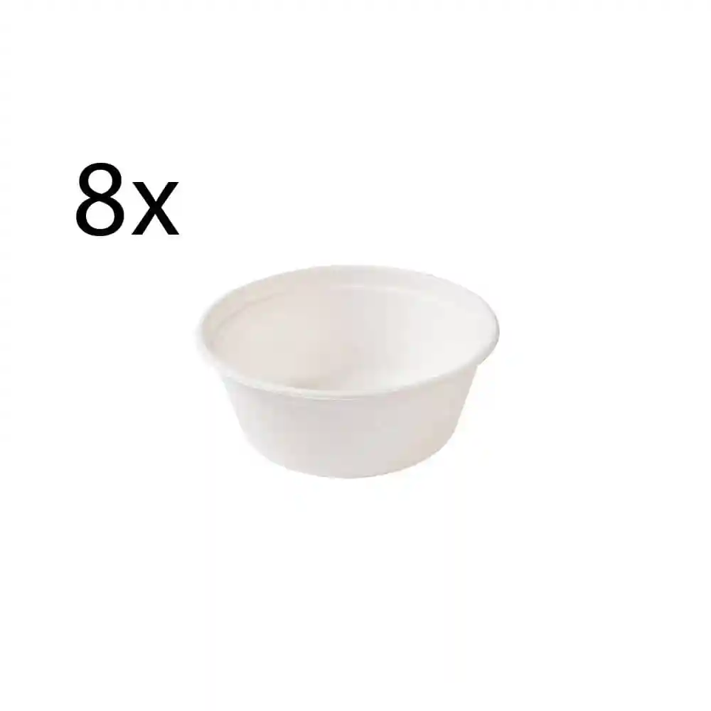 Witte ronde kom met een gladde oppervlakte, op een effen achtergrond, met het nummer 8 ernaast.