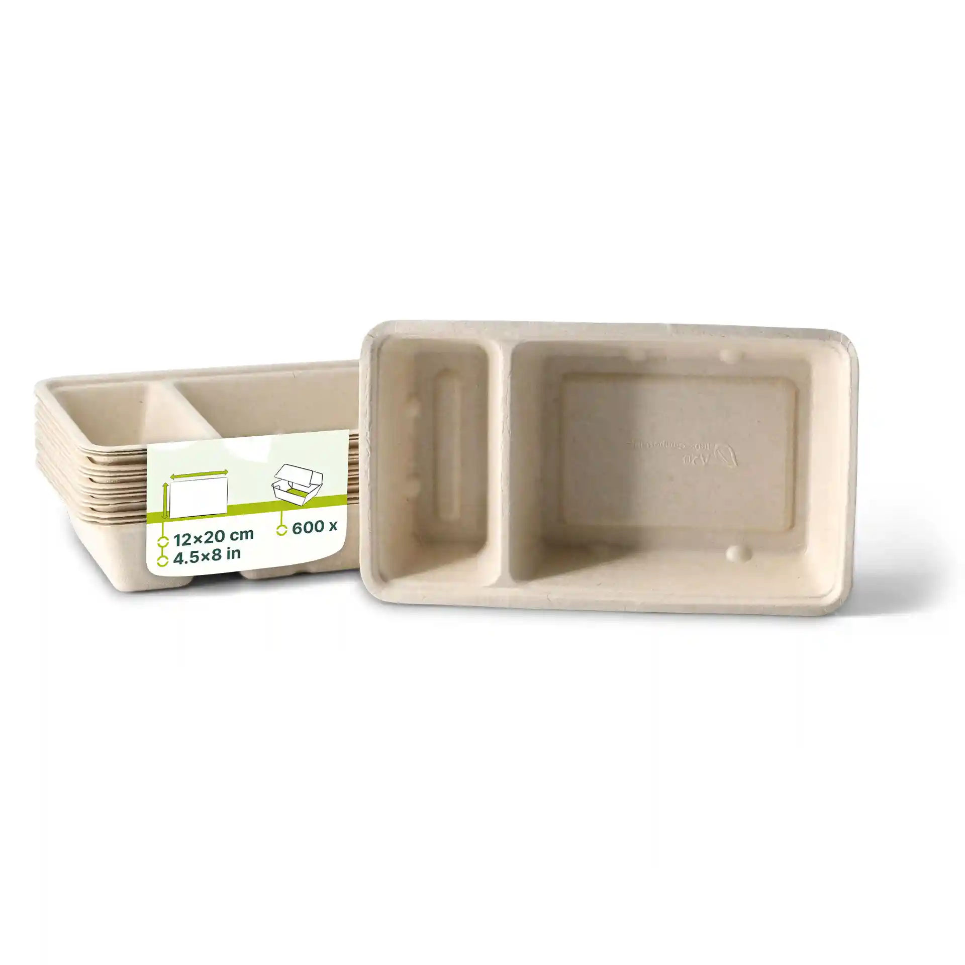 Rechthoekige crème witte bagasse chip tray met twee compartimenten, 12 x 20 cm groot.