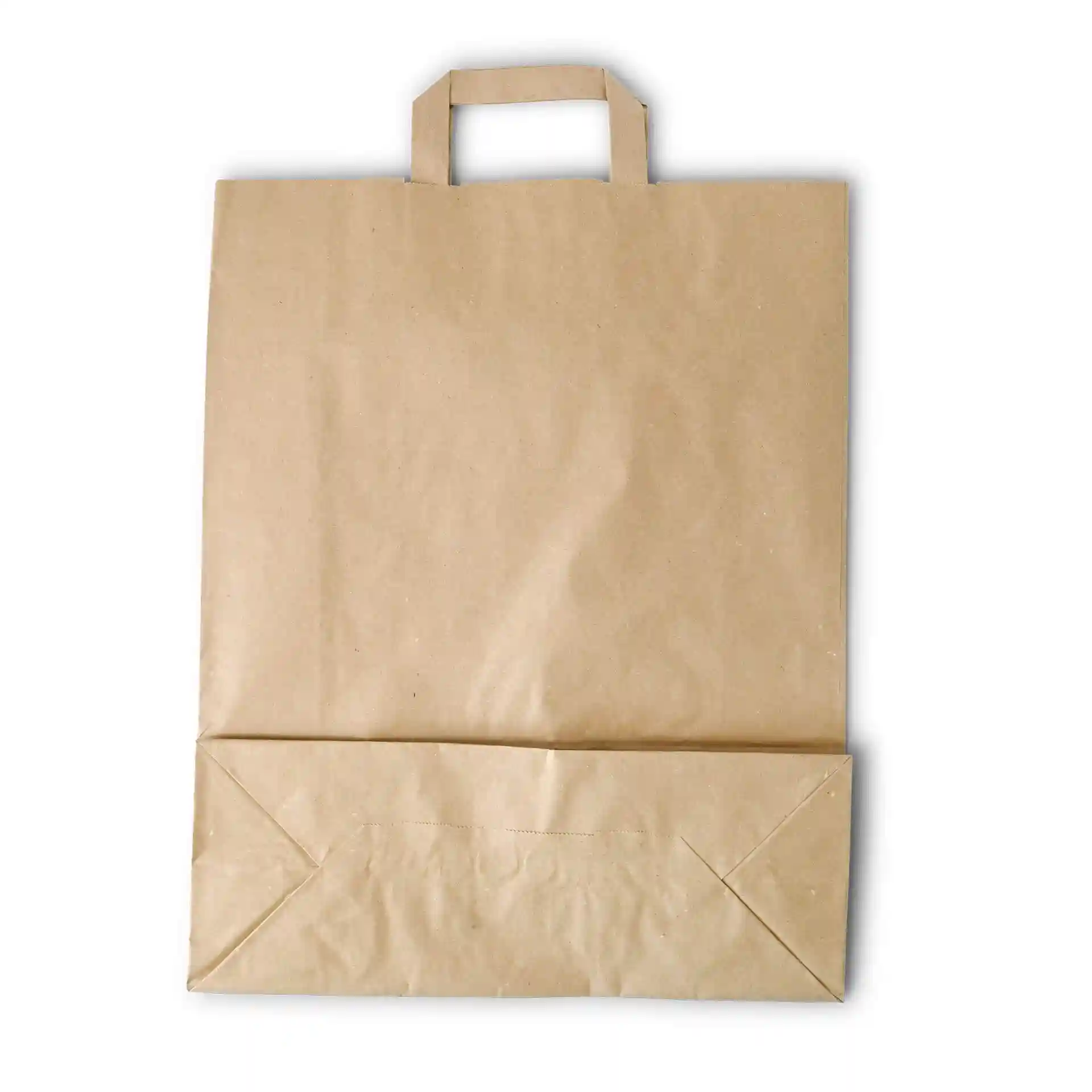 Bruine papieren draagtas met een platte bodem en twee handvatten, 32 x 12 x 40 cm.