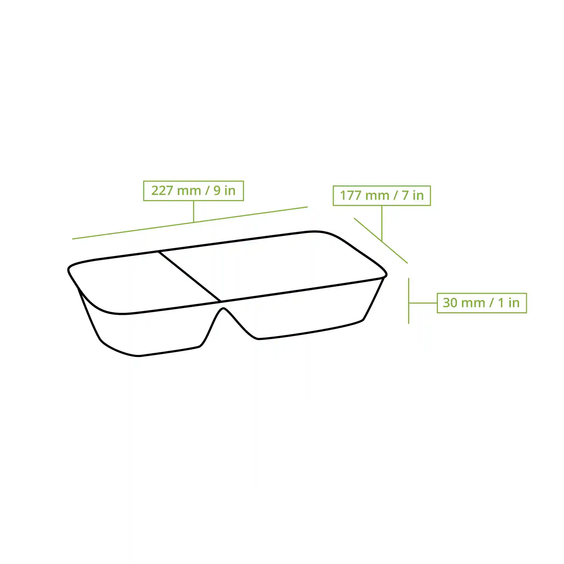 Schematische tekening van een rechthoekig aluminium maaltijdblad met twee compartimenten, afmetingen 227 mm x 177 mm x 30 mm.