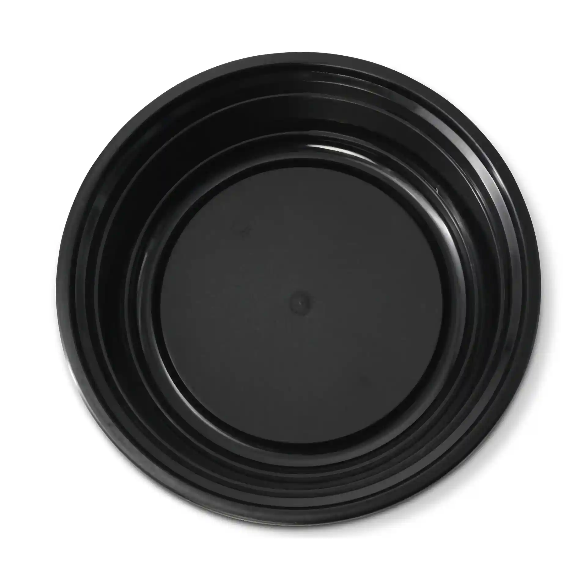 Zwarte ronde herbruikbare plaat met een diameter van 182 mm en een hoogte van 44 mm, gemaakt van polypropyleen.