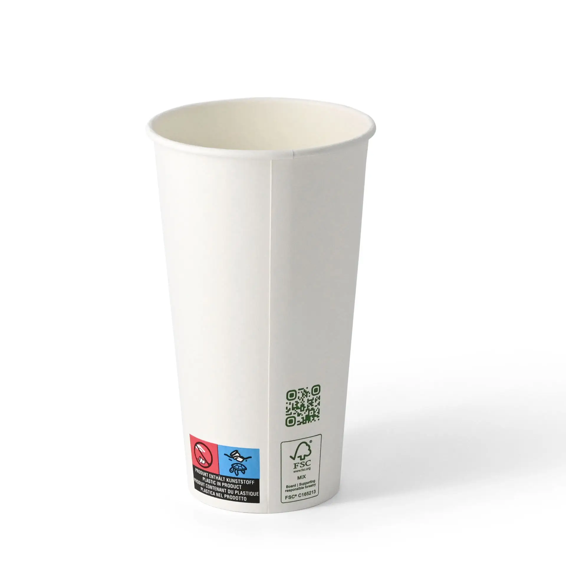Witte enkelwandige papieren beker met PLA-coating, geschikt voor warme en koude dranken, met een QR-code op de zijkant.