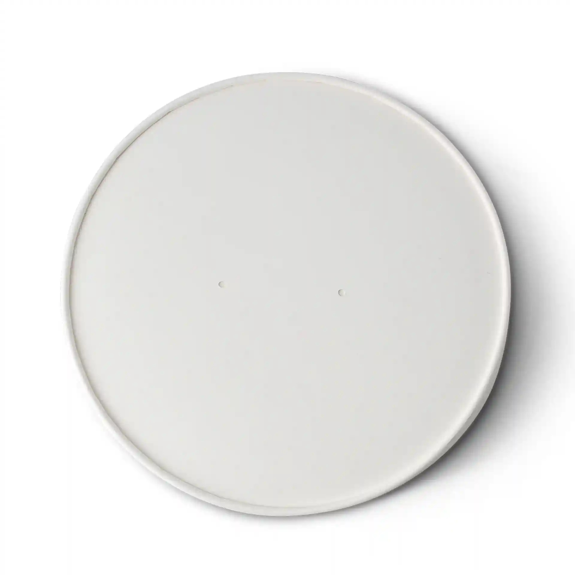 Ronde witte kartonnen deksel met gecoate oppervlakte, diameter 185 mm, met twee kleine gaatjes.