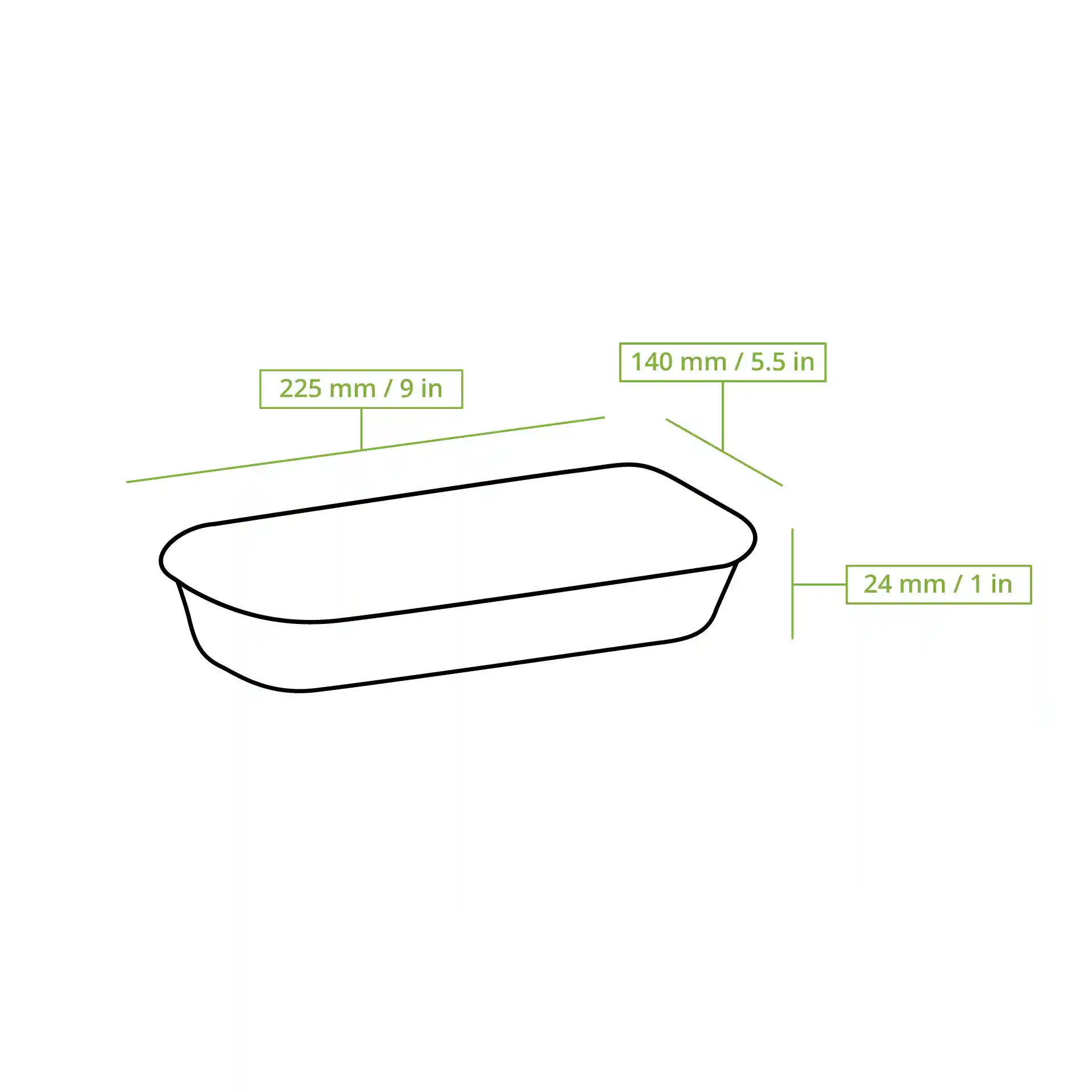 Schematische tekening van een rechthoekige sushi-doos met afmetingen: 225 mm lengte, 140 mm breedte en 24 mm hoogte.