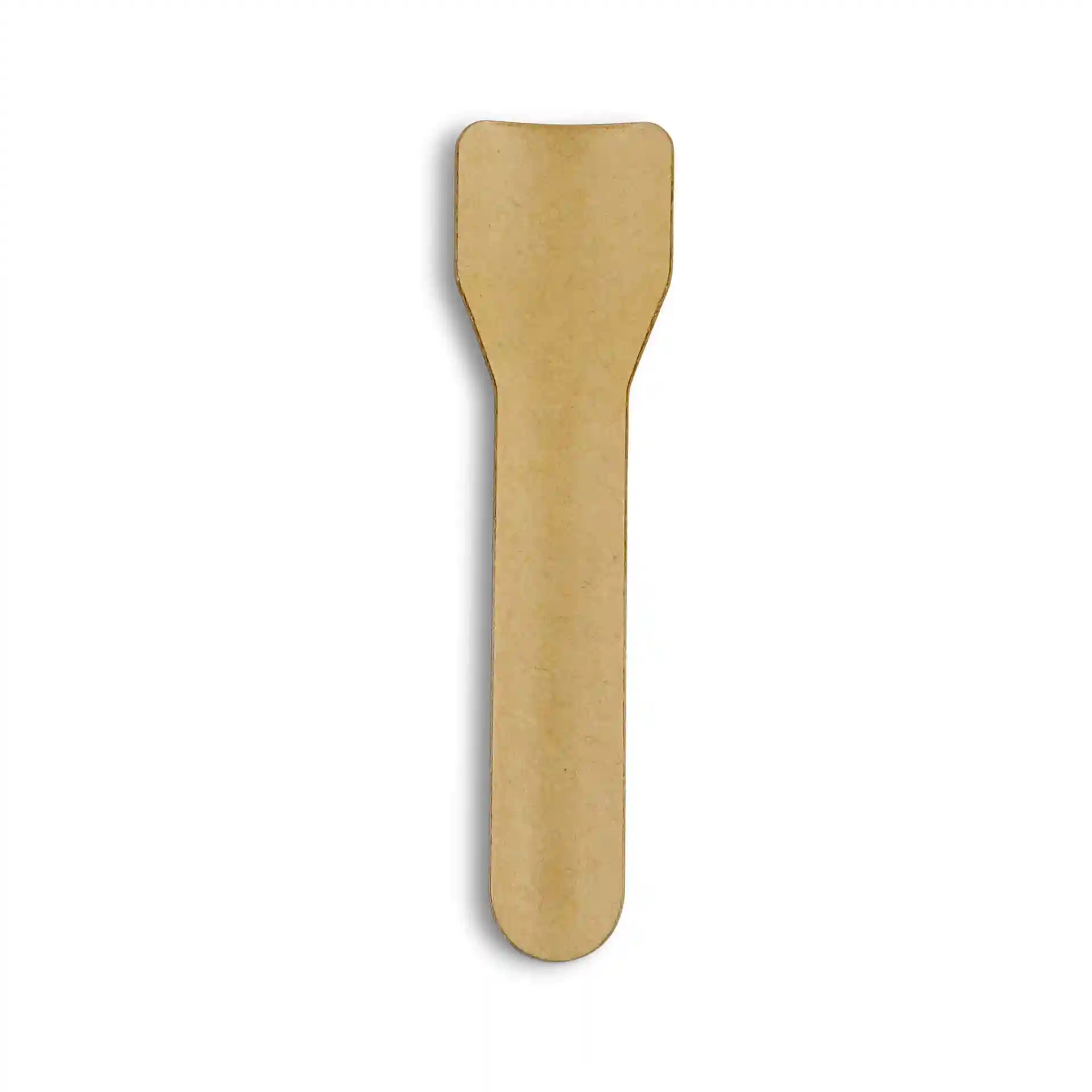 Bruine papieren ijslepel, 9,5 cm lang, met een platte, ronde punt en een taps toelopende handgreep.