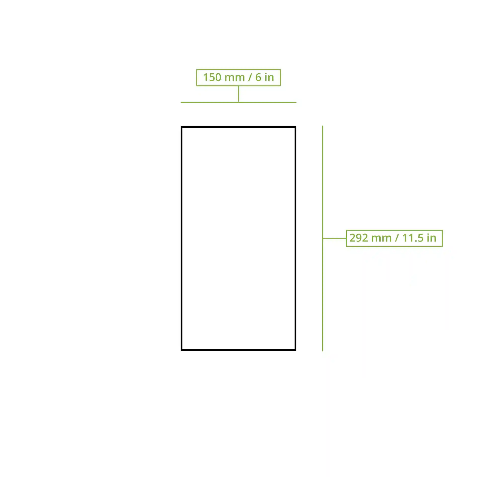 Schematische tekening van een platte papieren tas met afmetingen 150 mm bij 292 mm, zwart omlijnd op een effen achtergrond.