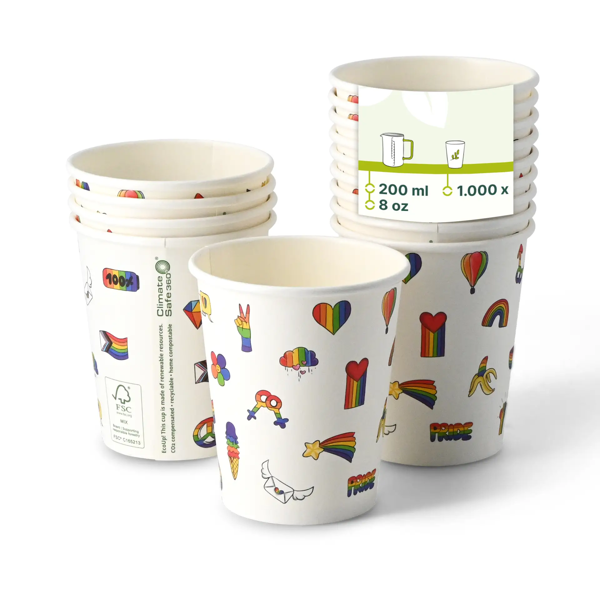 Kartonnen beker bedrukt "Pride" 200 ml / 8 oz, Ø 80 mm, wit
