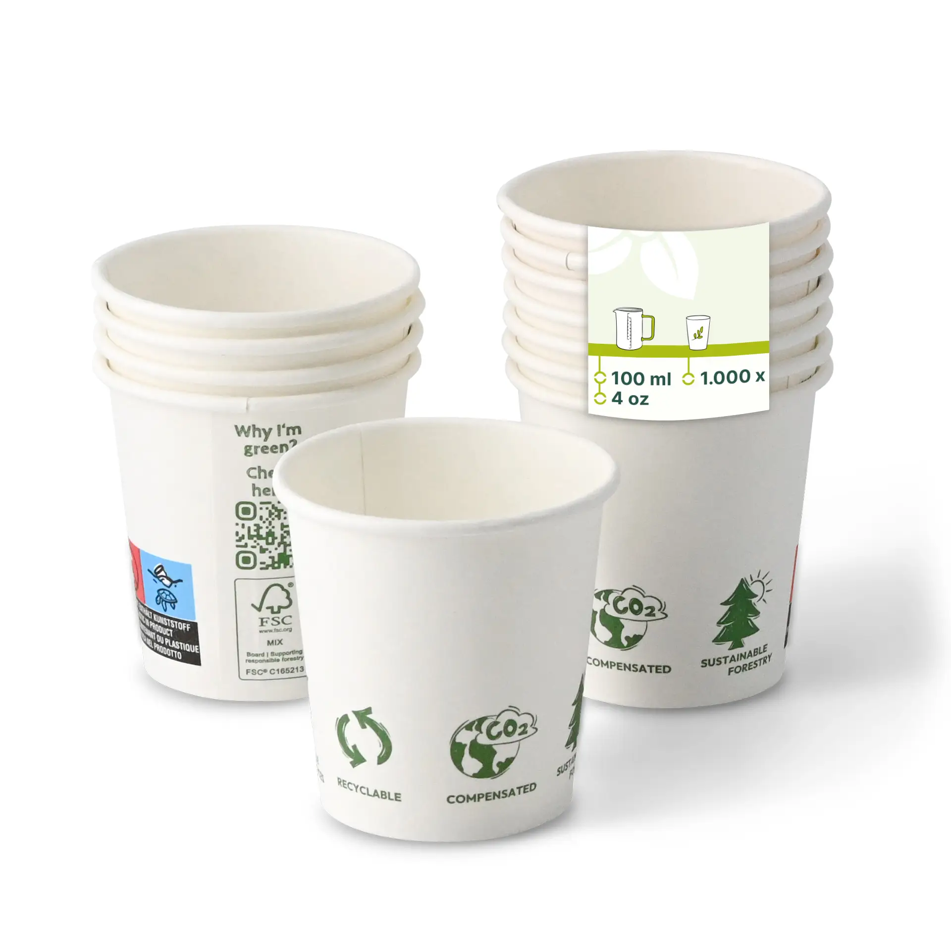 Papieren beker 100 ml / 4 oz, Ø 62 mm, "EcoUp©"-icons, enkelwandig, wit, met PLA-coating