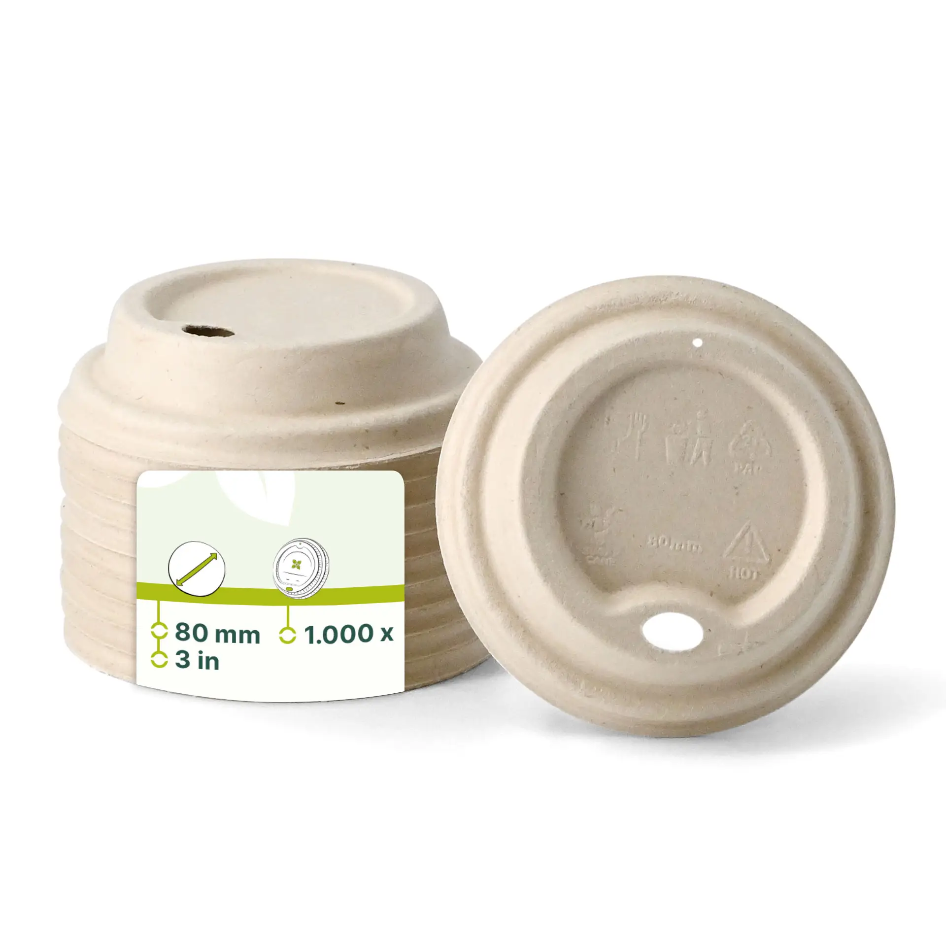 Bruine suikerrietdeksels voor papieren bekers, 80 mm in diameter, met een drinkopening en meerdere zichtbare gestapelde artikelen.