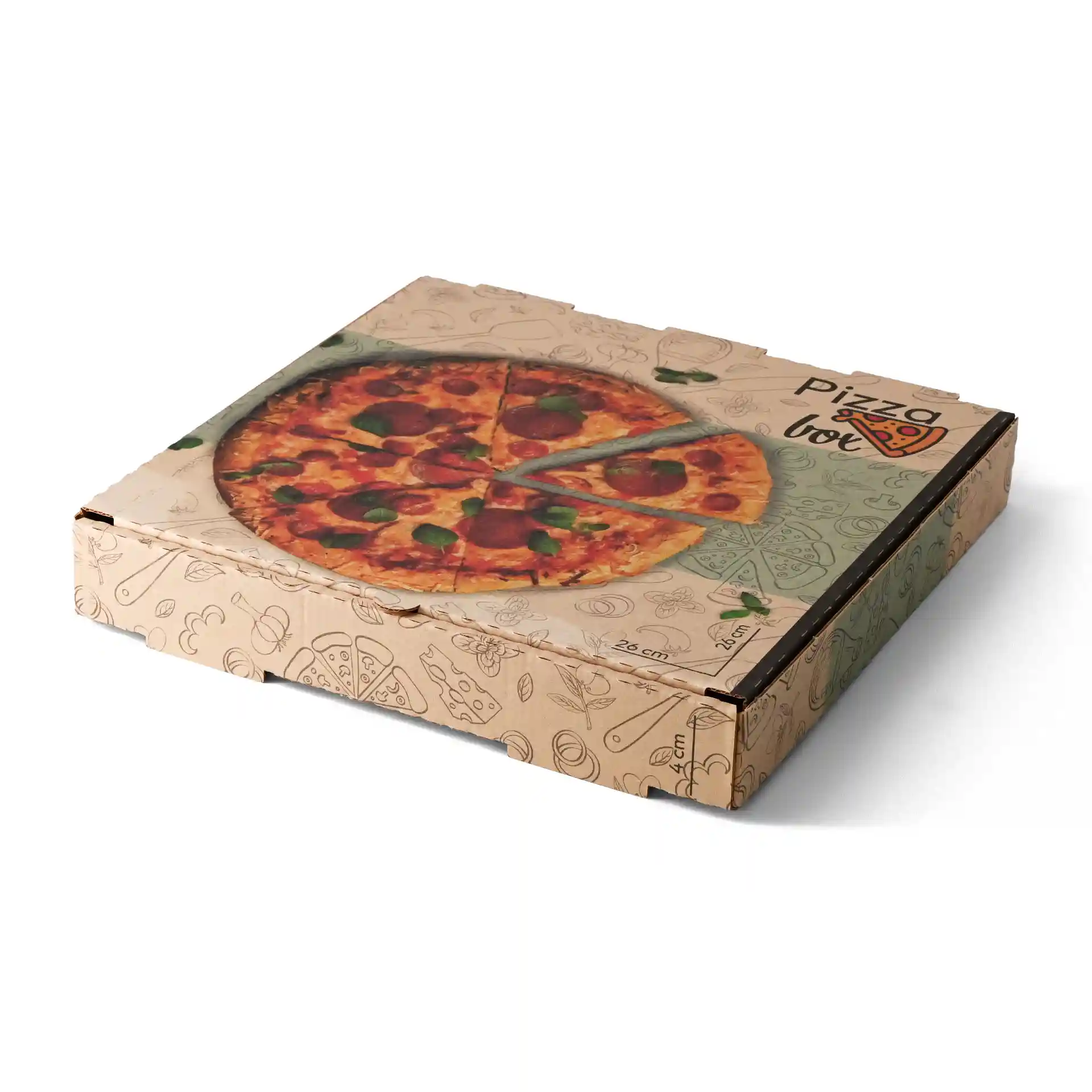 Bruine pizzadoos met een gedrukt pizzadesign bovenop, 26 x 26 x 4 cm groot.