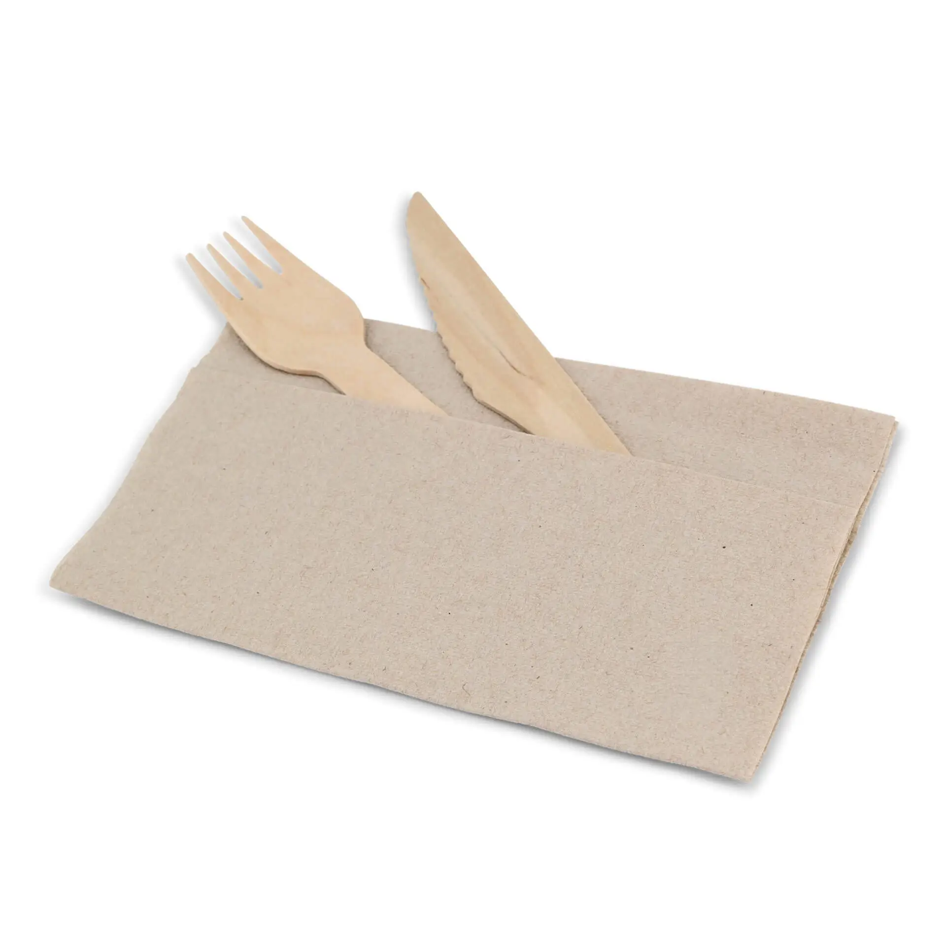 Bestekset in ongebleekt papieren houder met een vork en mes, met een recycling symbool aan de zijkant.