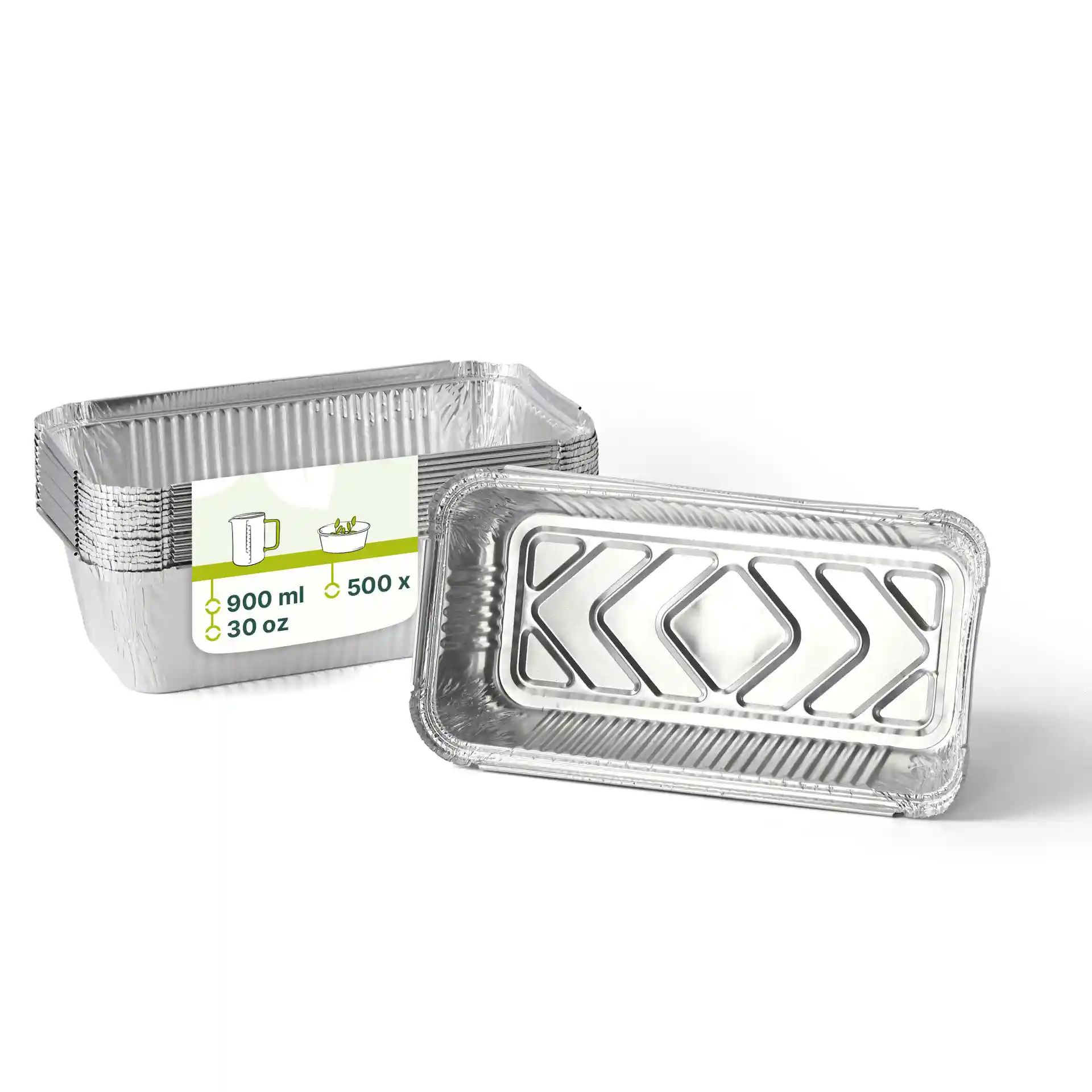 Rechthoekige aluminium containers met een inhoud van 900 ml, 21,8 x 11,3 x 5,4 cm, gestapeld met één getoond.
