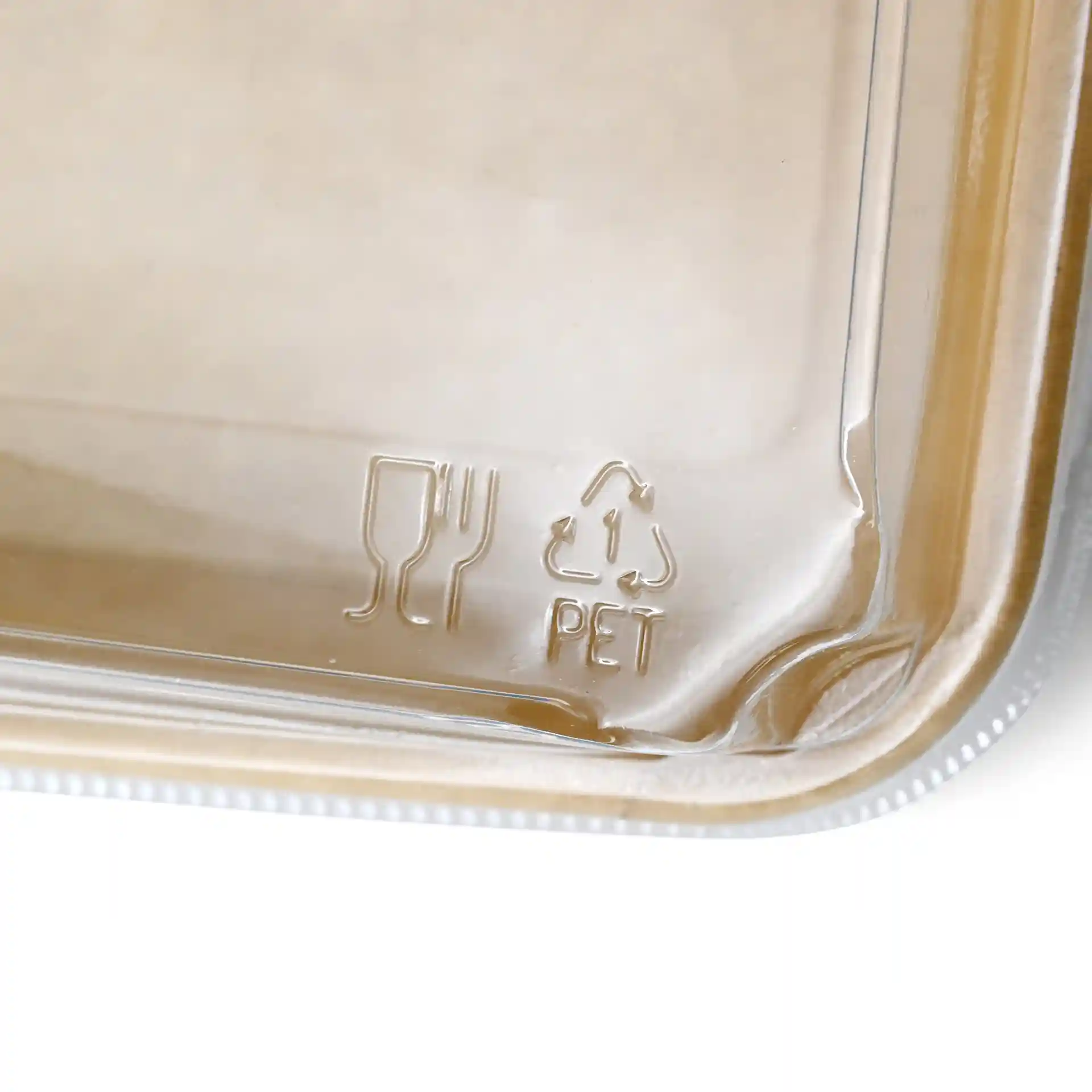 Transparant PET-deksel voor sushi-dozen, met een vork- en glas-symbool en een recycling-symbool met 'PET'.