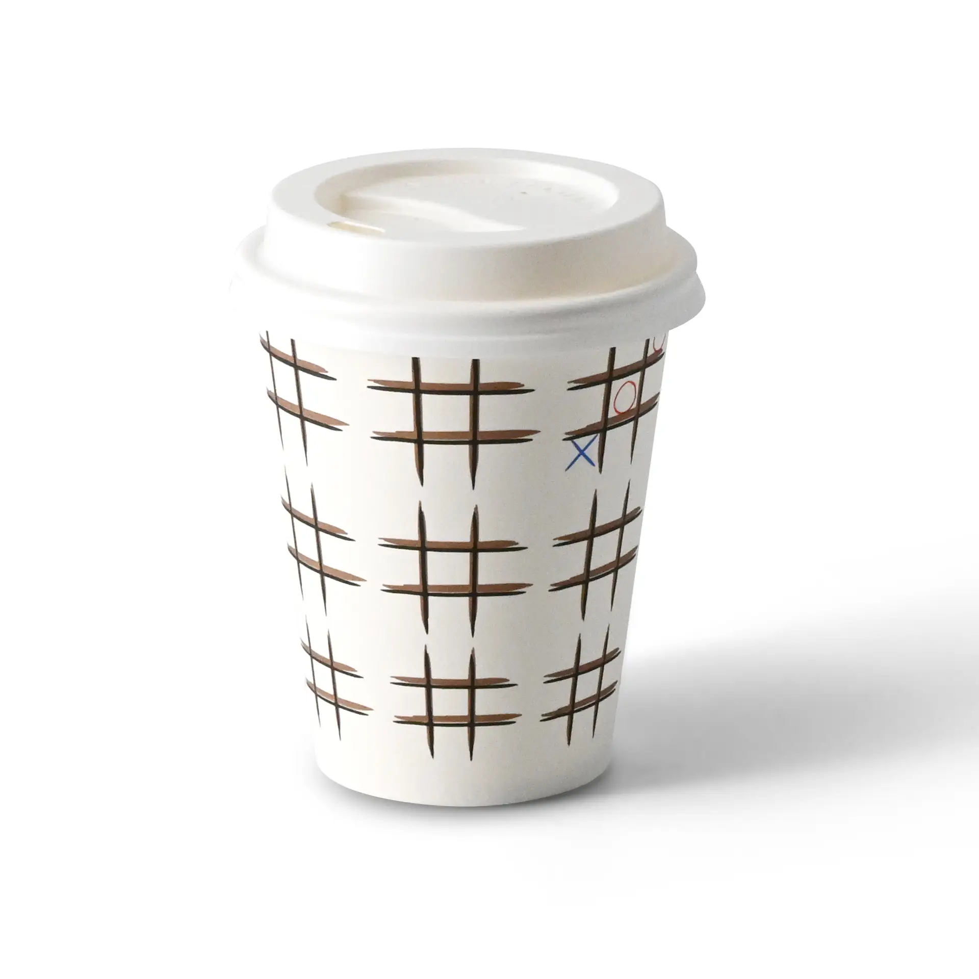 Bedrukte kartonnen beker "Tic Tac Toe" (gecoat) 200 ml / 8 oz, Ø 80 mm, wit