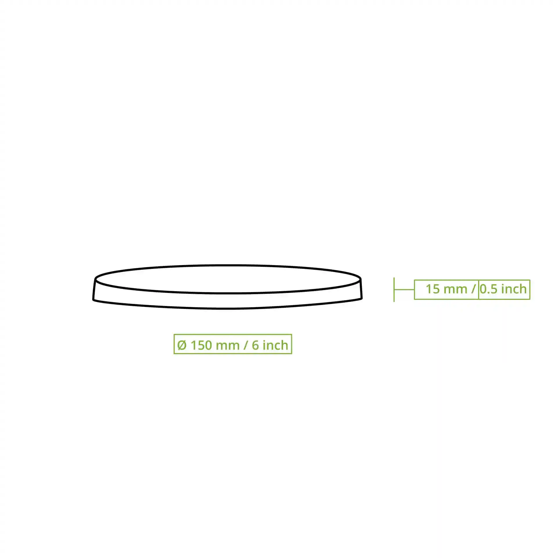 Schematische tekening van een ronde deksel met een diameter van 150 mm en een hoogte van 15 mm.