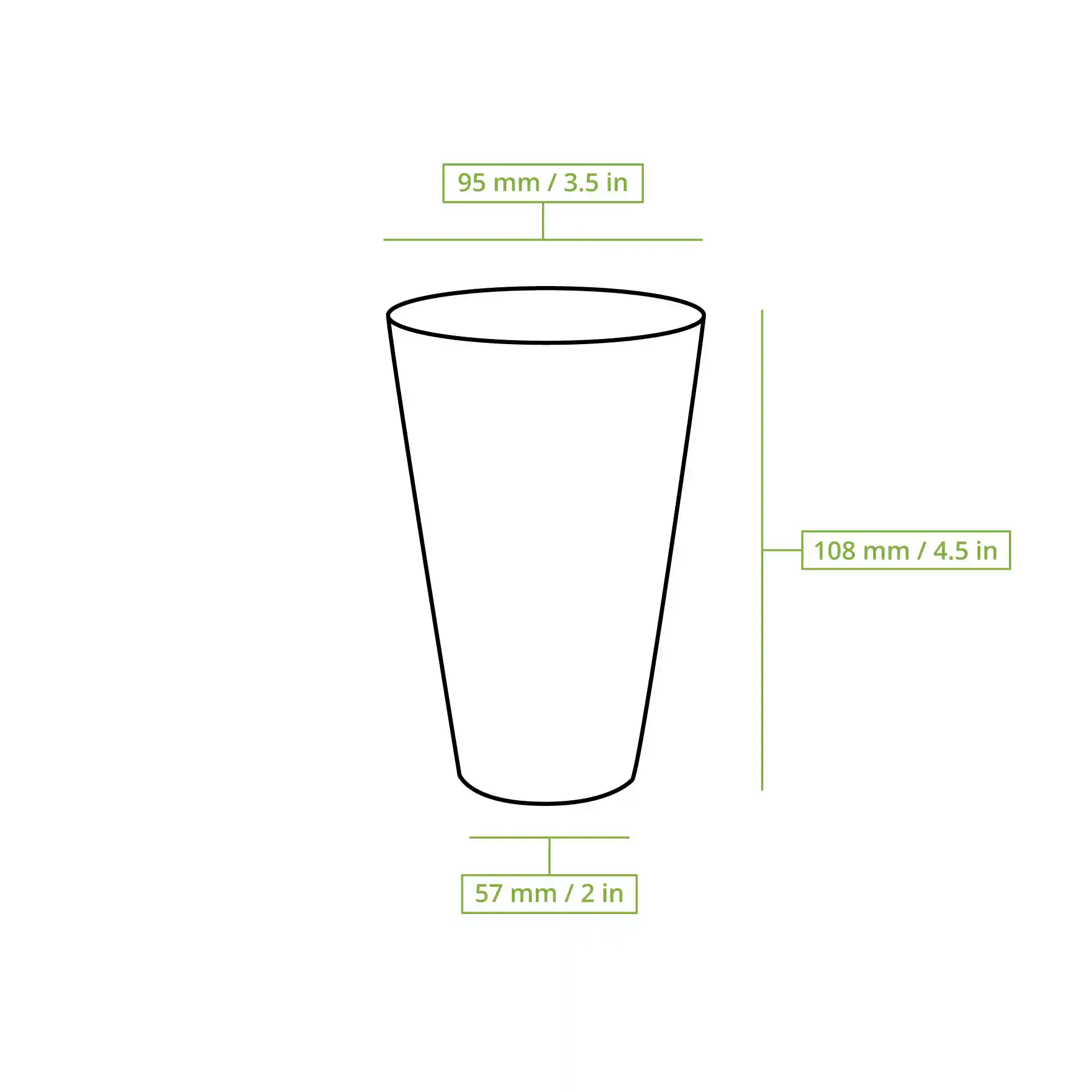 Schematische tekening van een beker met maatlijnen die een hoogte van 110 mm, een bovenste diameter van 95 mm en een onderste diameter van 57 mm tonen.