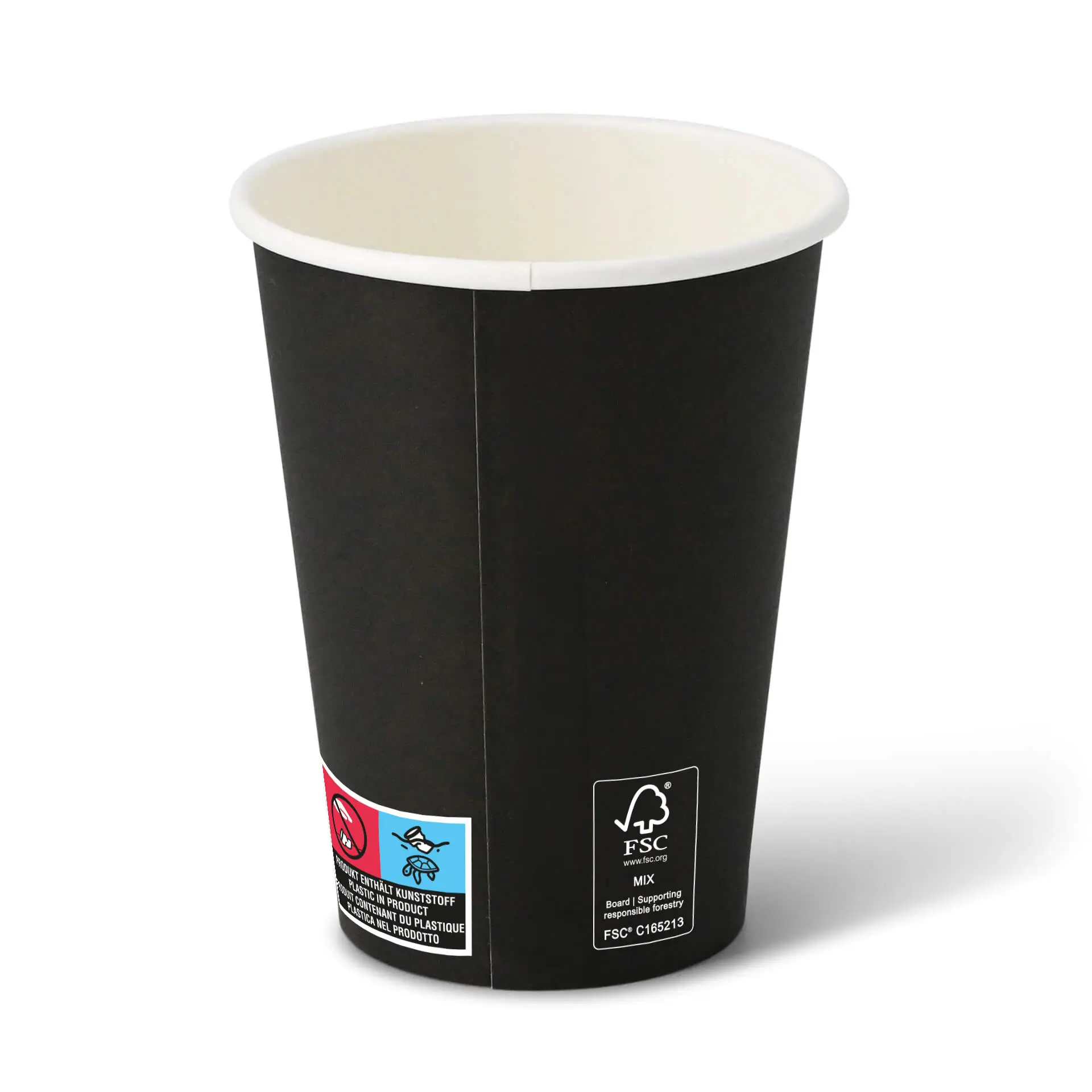 Zwarte 12 oz papieren beker met een ronde vorm en een witte binnenkant, met verschillende labels aan de zijkant.