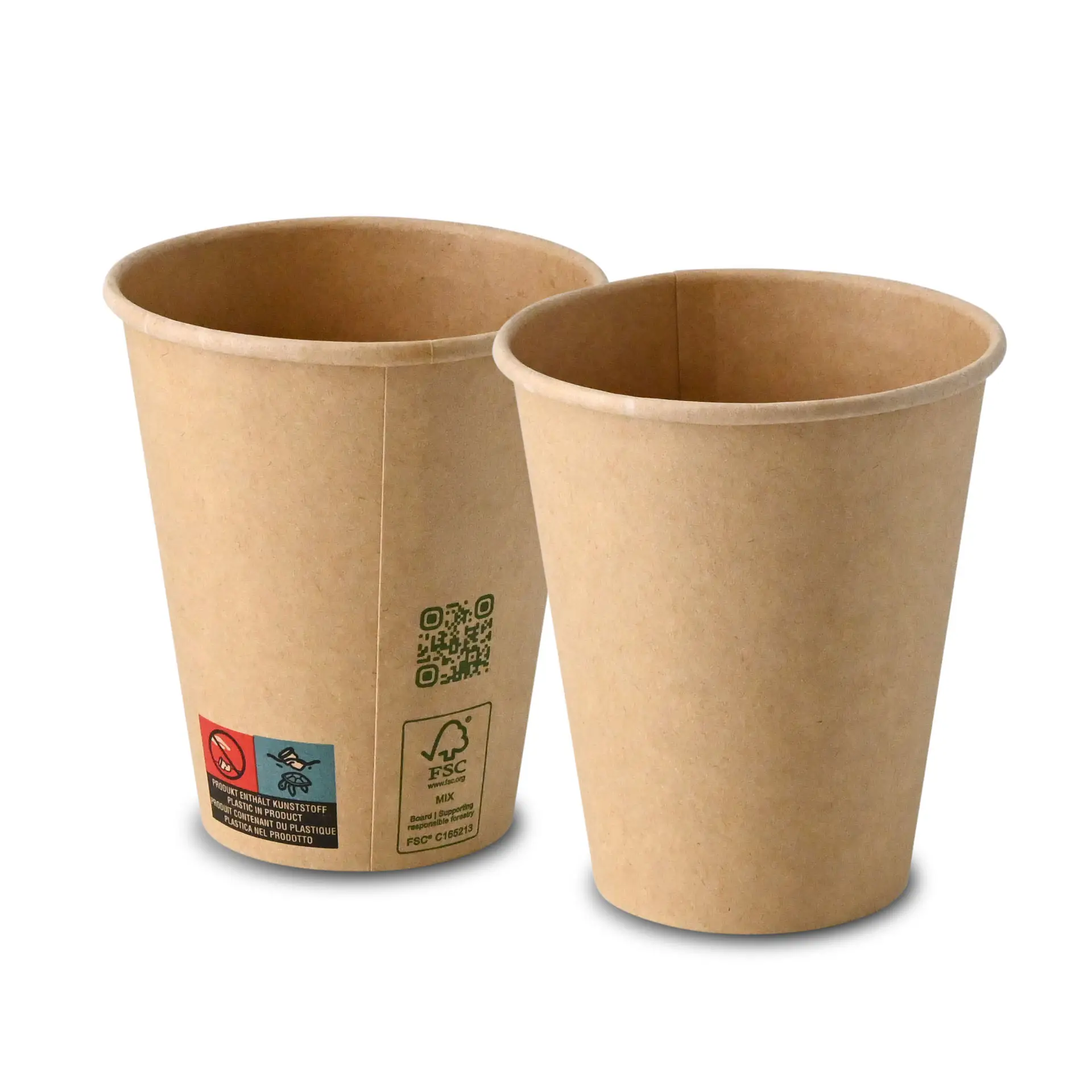 Bruine papieren bekers met enkele wand, 250 ml capaciteit, 100 mm hoogte en 90 mm diameter.