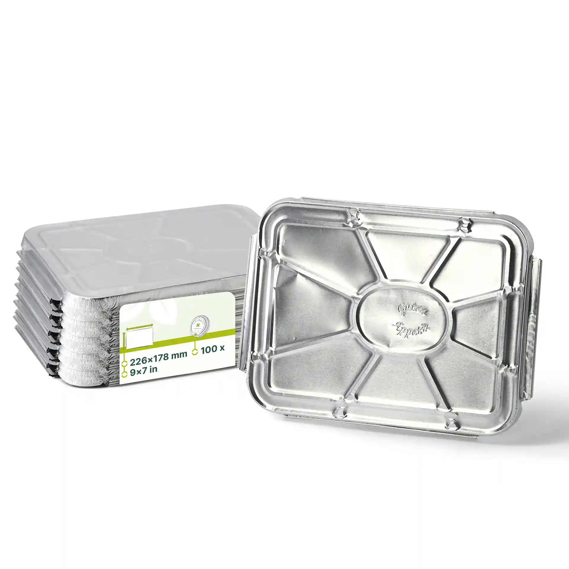 Stapel van aluminium deksels voor 2-compartiment maaltijdschalen, rechthoekige vorm, met één deksel bovenop.