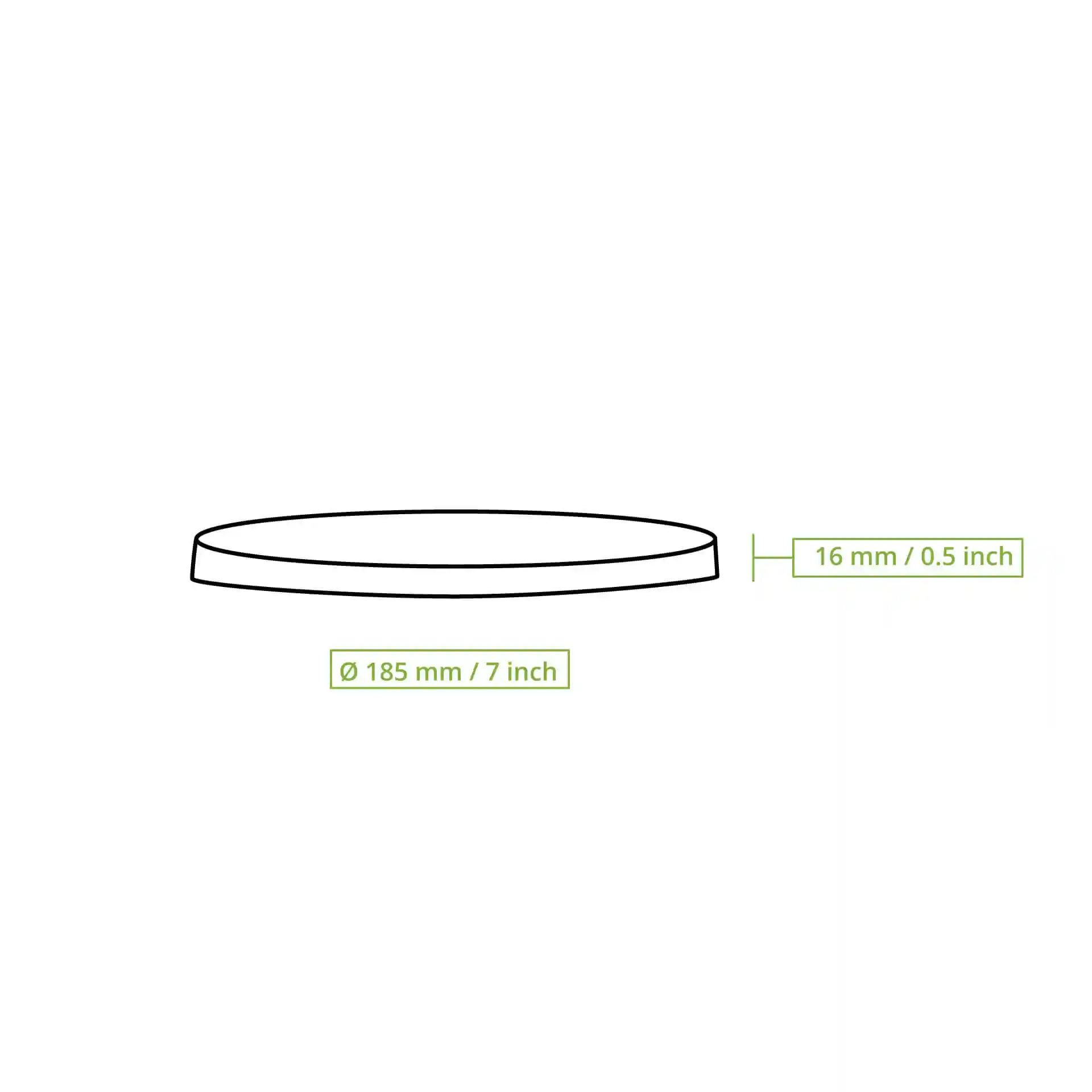 Schematische tekening van een ronde deksel met een diameter van 185 mm en een hoogte van 16 mm.